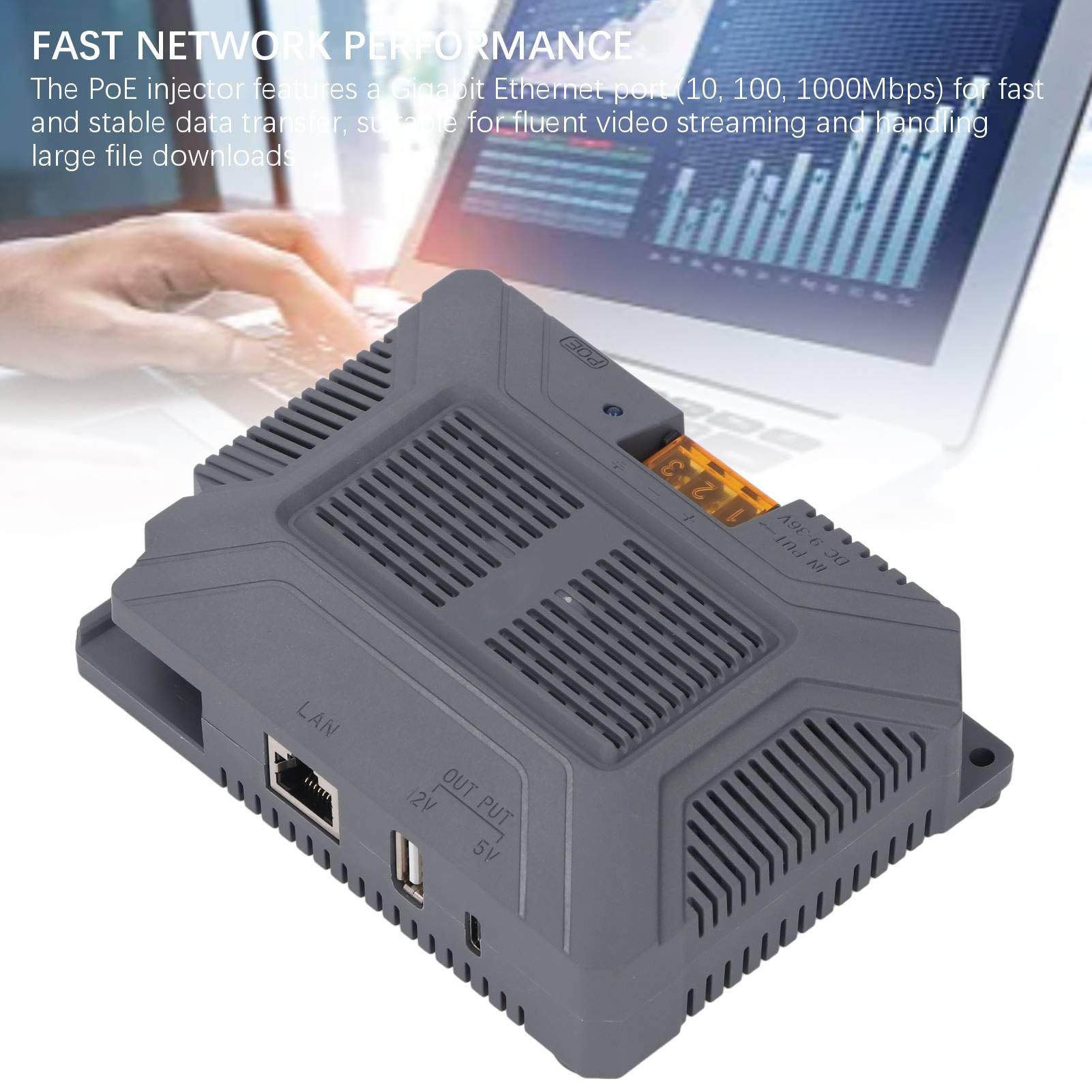 Iniettore PoE GigE, Materiale ABS, Potenza 200 W per Rete Veloce, Ideale per Streaming Video e unità Ad Alte Prestazioni