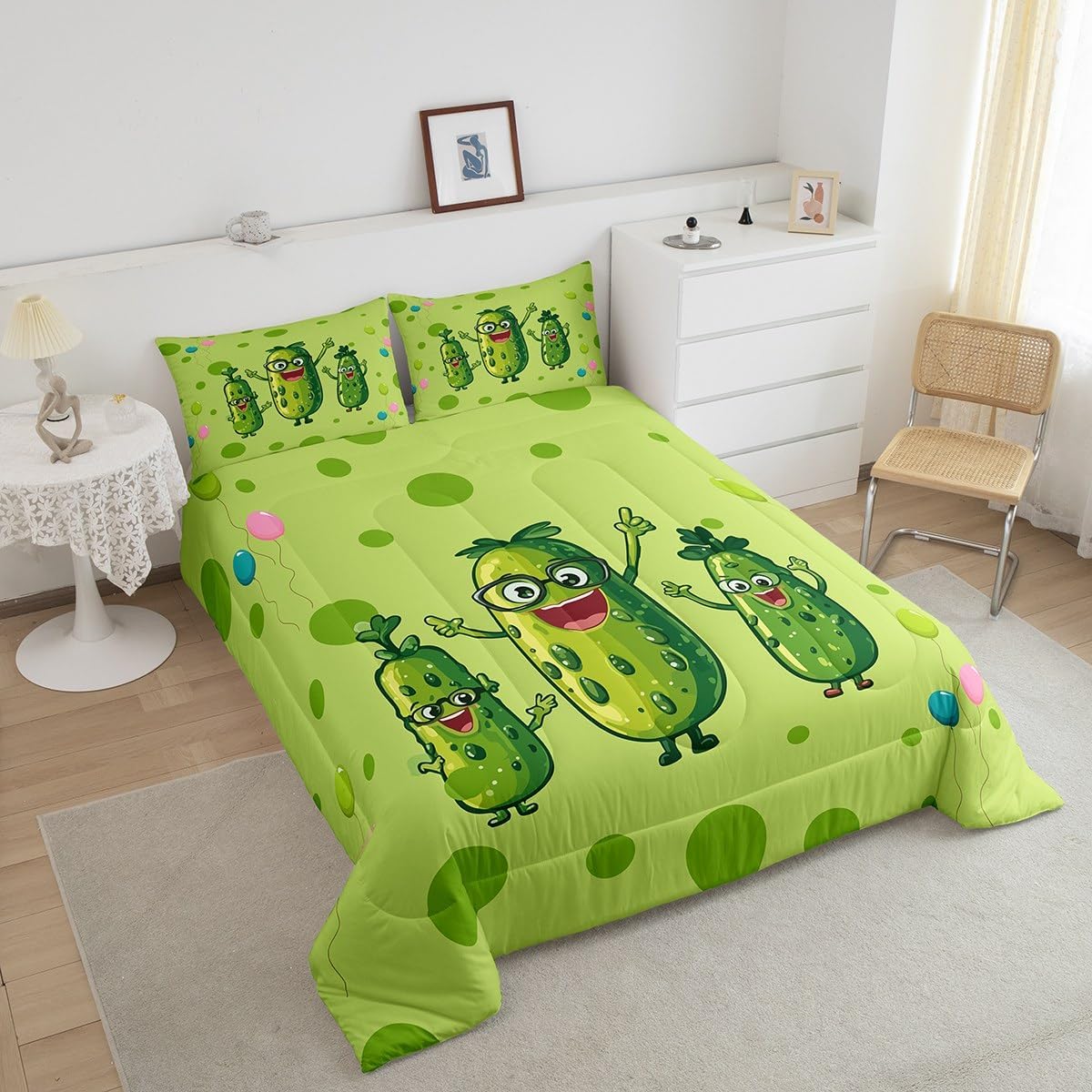 Erosebridal Cartoon Cucumber Bedding Sets for Kids Girls Women Adults,3D Pickle Comforter Set for Pickle Lovers,Toddler Lovely Green Vegetable Down Comforter Kawaii Room Decor Aesthetic