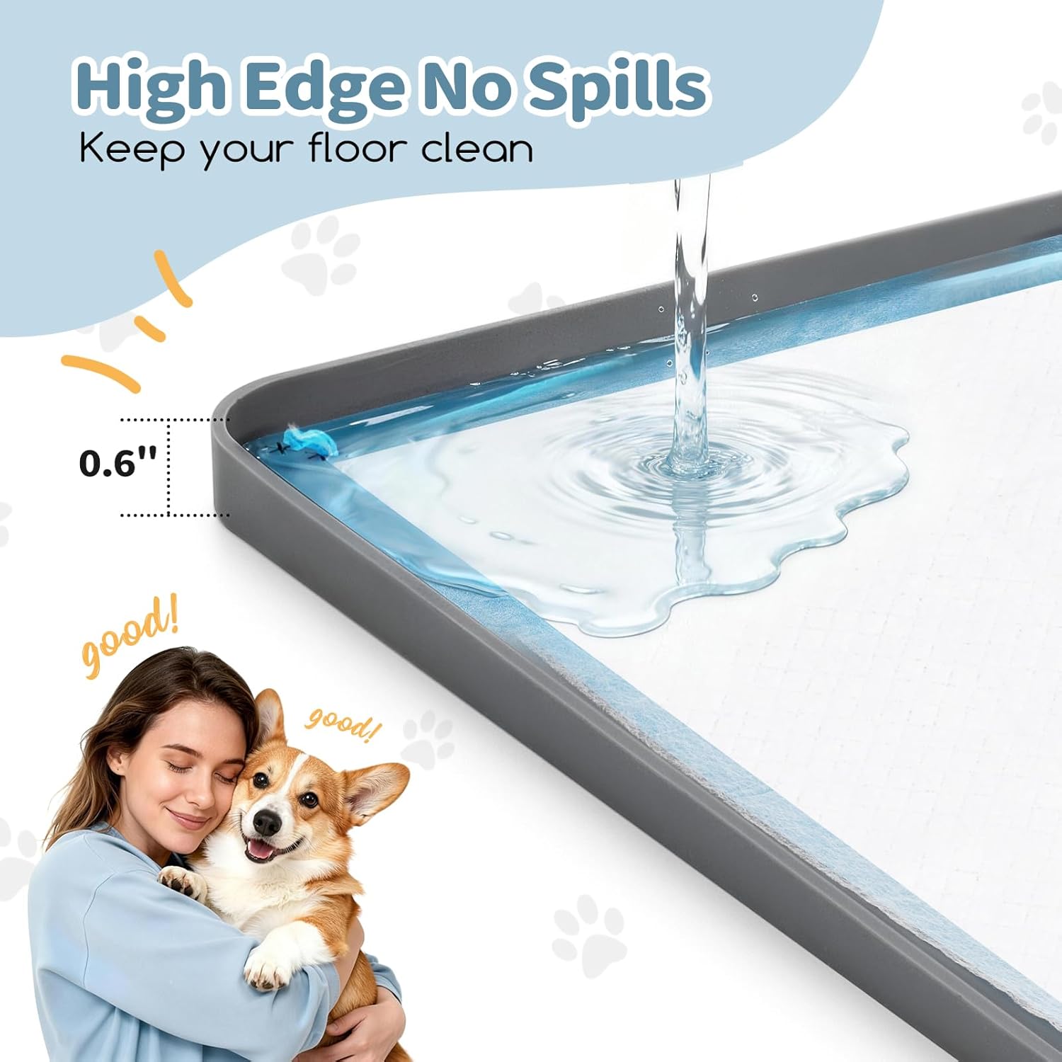 Pee Pad Holder, Silicone Dog Puppy Pad Tray for DogTraining Pads Non-Slip Leak-Proof High Edge Mat, Dog Potty Tray for Home Floor Protection- Grey 25" x 36"