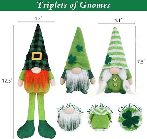 Miniatura 3 de DAZONGE Decoraciones del día de San Patricio, 3 gnomos de trébol de felpa para bandeja escalonada, mantel de mesa, decoración del día de San
