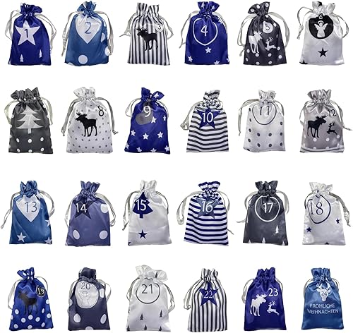 Miniatura 7 de HIPIHOM Bolsas de calendario de Adviento de Navidad, bolsas de satén de arpillera con cuenta regresiva de 24 días, calendario de Adviento colgante,