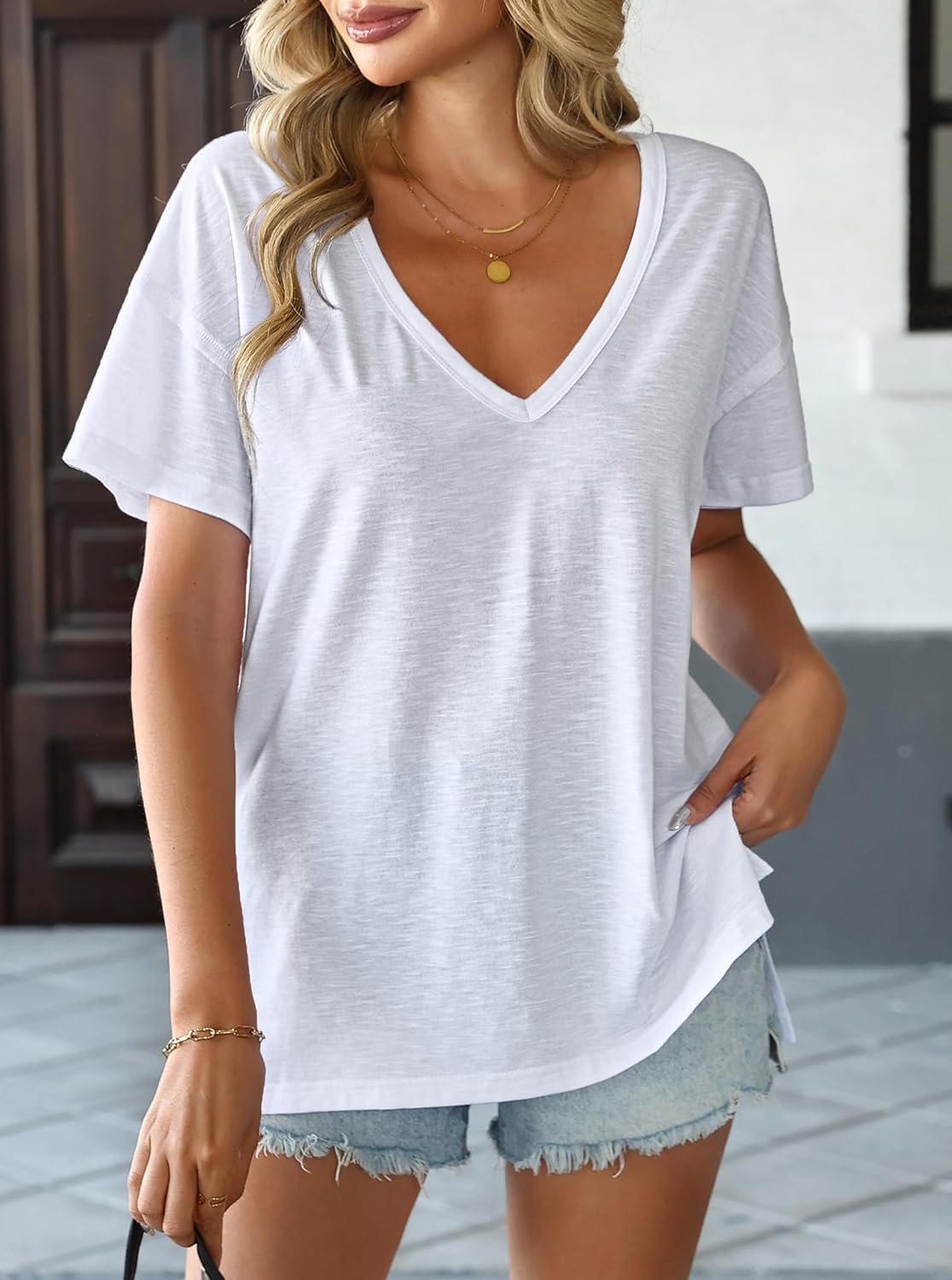 Avanova Women V Neck Side Slit Split Tee Oversized Short Sleeve Tshirts Summer Tops - Image 6