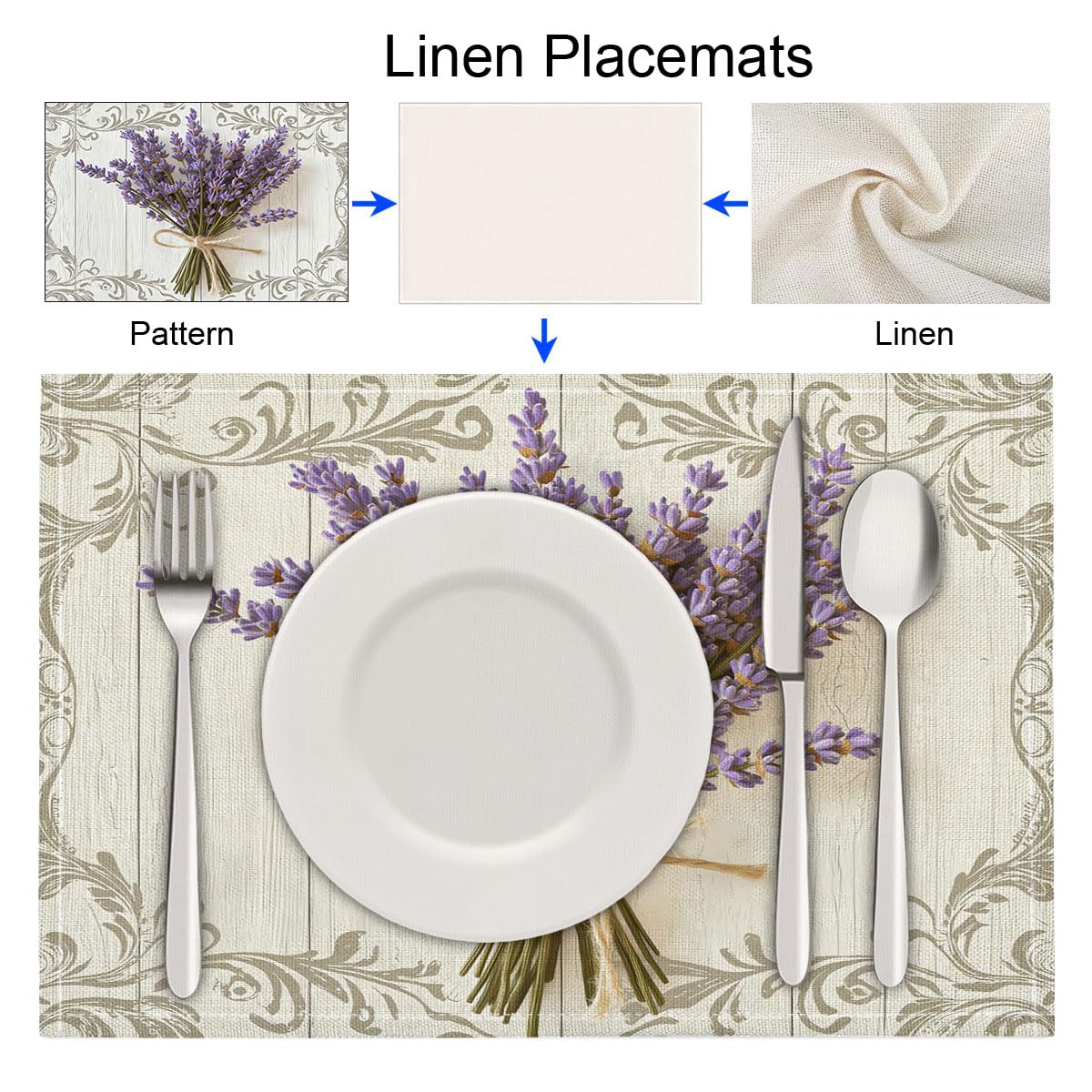 Set di 8 Colazione Stoffa 30x45cm, Bouquet Di Lavanda Cotone e lino Tovagliette Americane Lavabili, Tovagliette Retro Venature Del Legno per Primavera Vacanze Cucina Feste, Pasqua