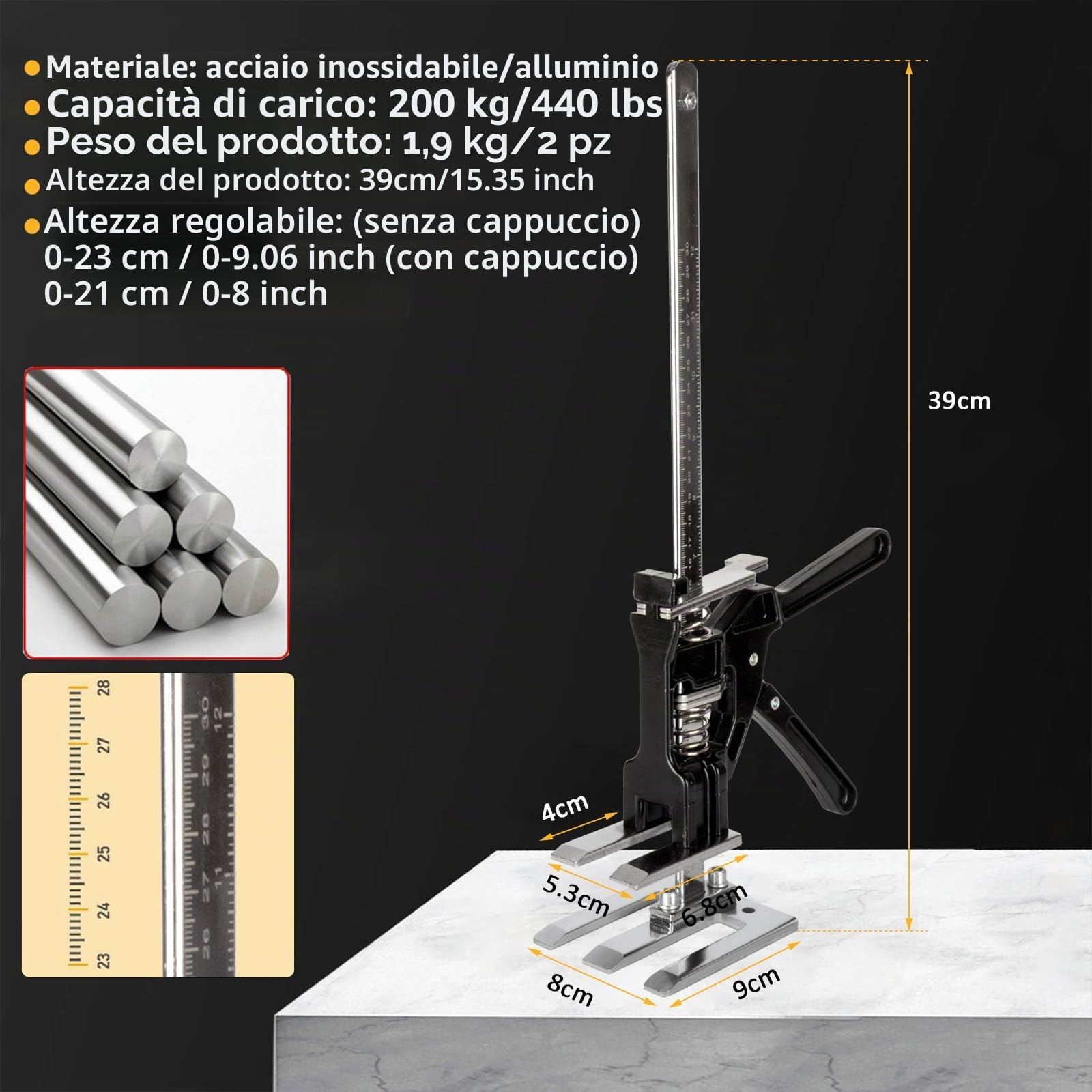 2 pezzi Sollevatore per Pannelli di Livellamento a Risparmio di Lavoro,400kg/880lbs,per Pavimenti, Porte, Installazione di Armadi, Sollevatori per Cartongesso, con Scala (39cm)