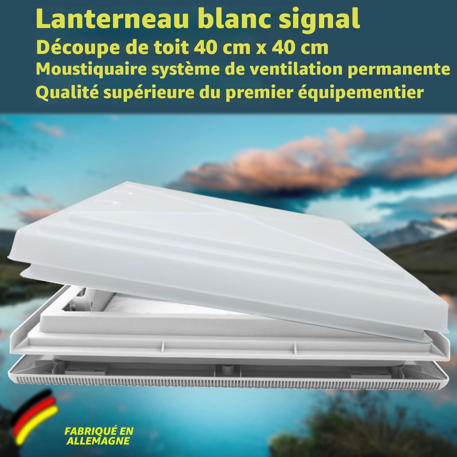 MPK 42 Lanterne de toit avec moustiquaire, 40 x 40 cm, avec capot en verre dépoli blanc signal pour caravane camping-car