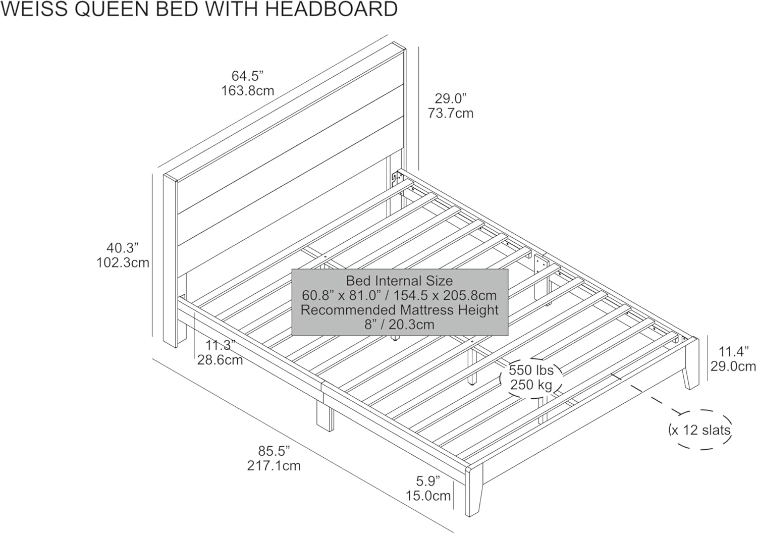 Galano Weiss Wood Platform Queen Bed Frame with Headboard, Fit 60'' x 80'' Mattress Foundation with Wood Slat Support, No Box Spring Needed, 64.2" L x 85.3" W x 40.1" H, Amber Walnut