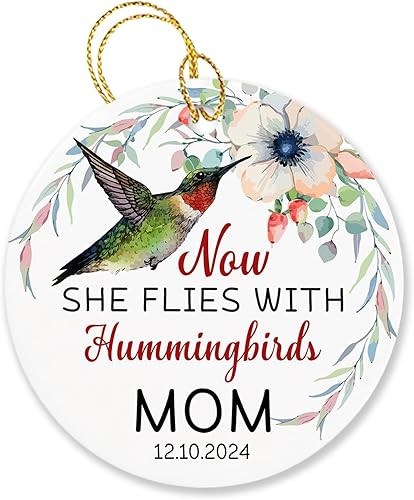 Miniatura 1 de Now She Flies with Hummingbirds Ornamento, regalos de recuerdo de duelo de condolencias para la pérdida de mamá, adorno de Navidad conmemorativo