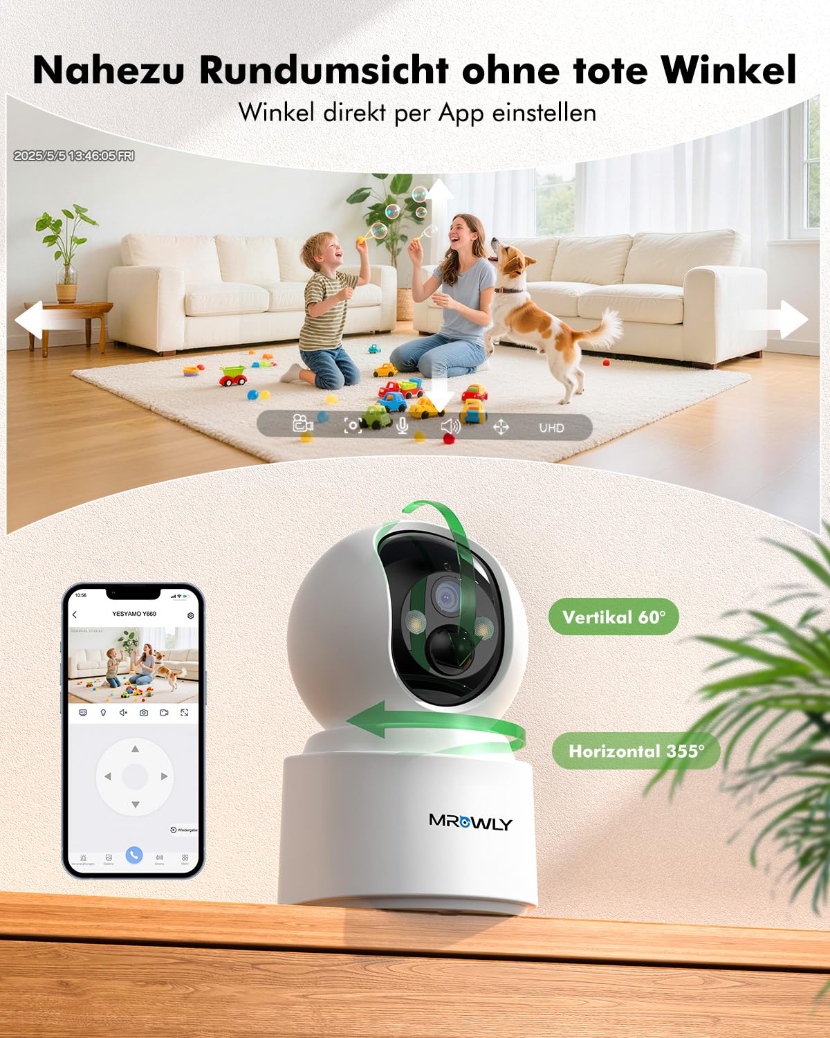 2,5K/4MP Überwachungskamera Innen WLAN mit 6000mAh Akku, 360° PTZ kabellose überwachungskamera, 2,4/5GHz WiFi, Farb-Nachtsicht, Bewegungserkennung, KI-Erkennung,Zwei-Wege-Audio 2 Stück
