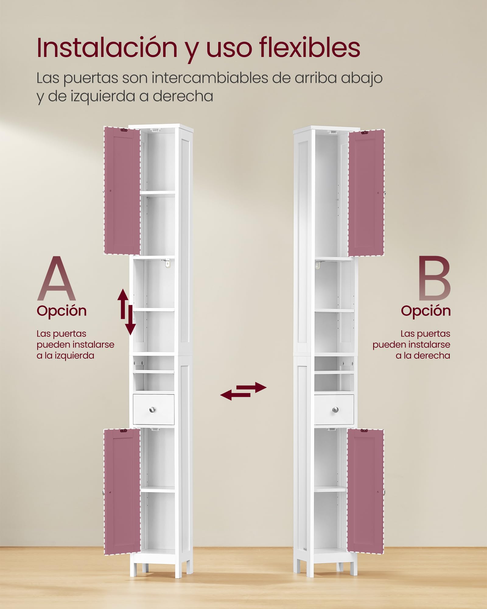 VASAGLE Armario Alto de Baño, con Estantes Ajustables, Cajón, Compartimentos Abiertos, para Espacios Pequeños, Moderno, Blanco Nube BBC765W01