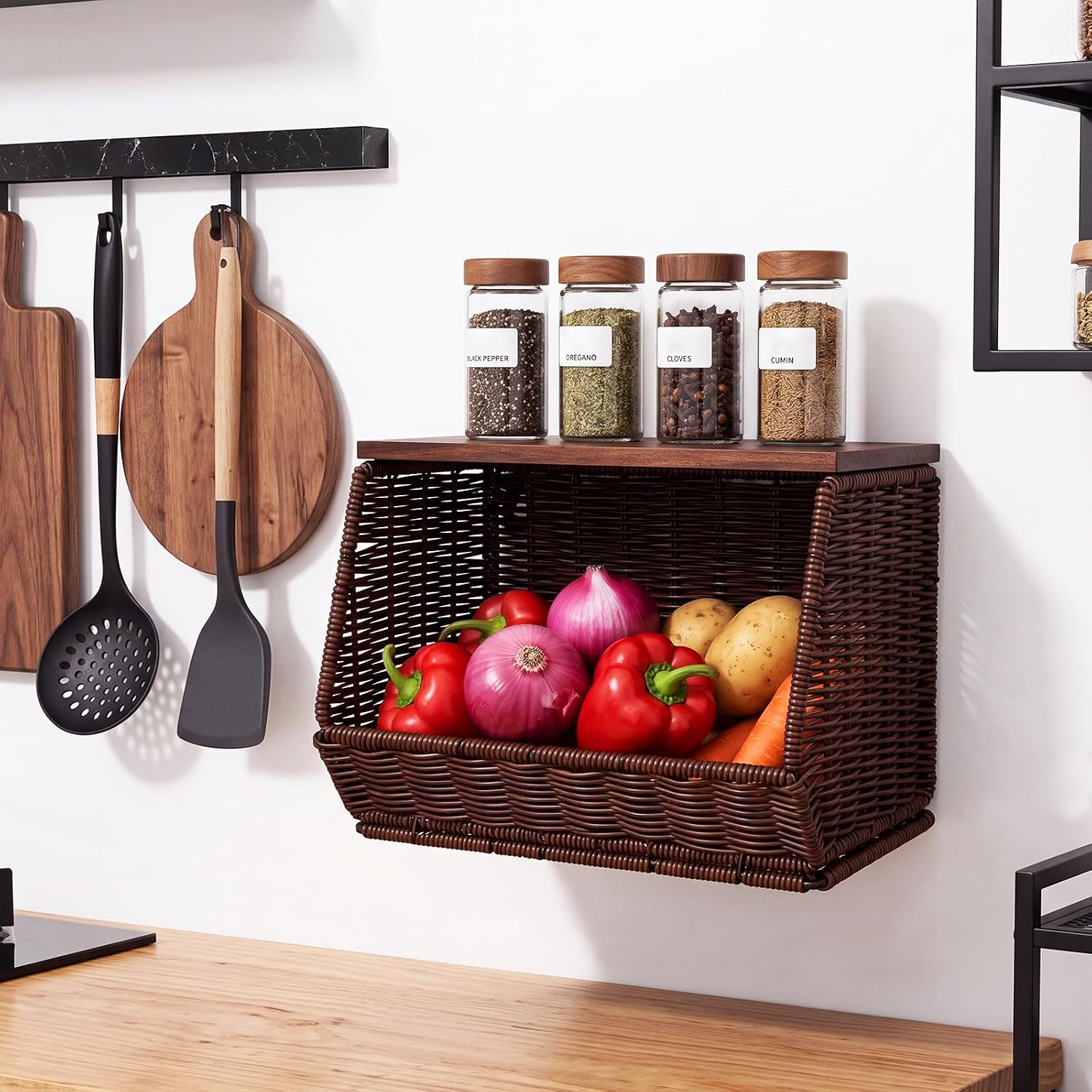 FoldTier Rattan Wicker Fruit Basket with Lid - 12 inch Stackable Wall Mounted Hanging Rattan Storage Basket for Kitchen Counter Handwoven Countertop Produce Organizer for Fruits Vegetables Snacks