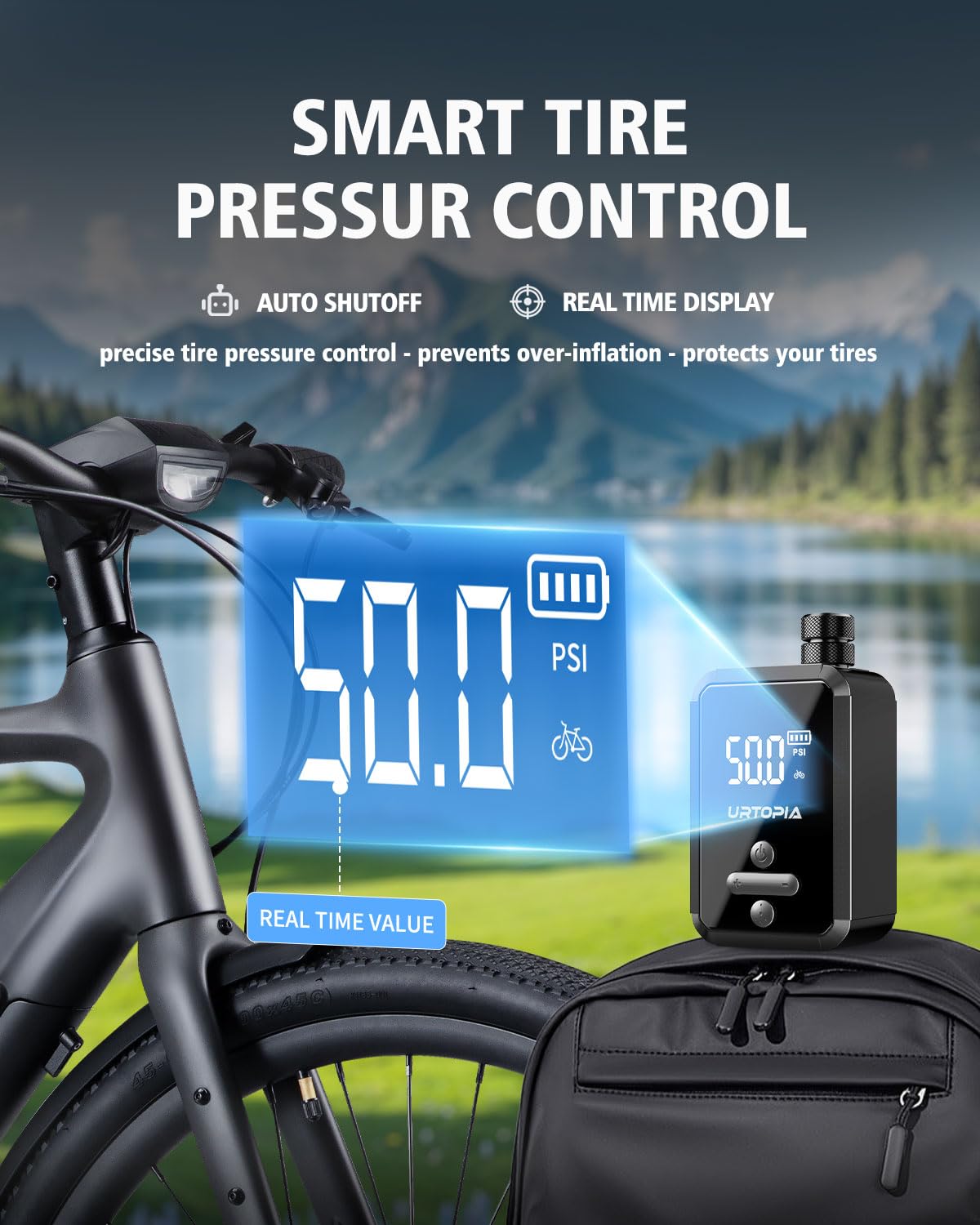 URTOPIA Bomba eléctrica para bicicleta, bomba de aire de inflado rápido con manómetro, hasta 150 PSI, disipación eficiente del calor, recargable, con luz LED brillante, bomba de bicicleta portátil