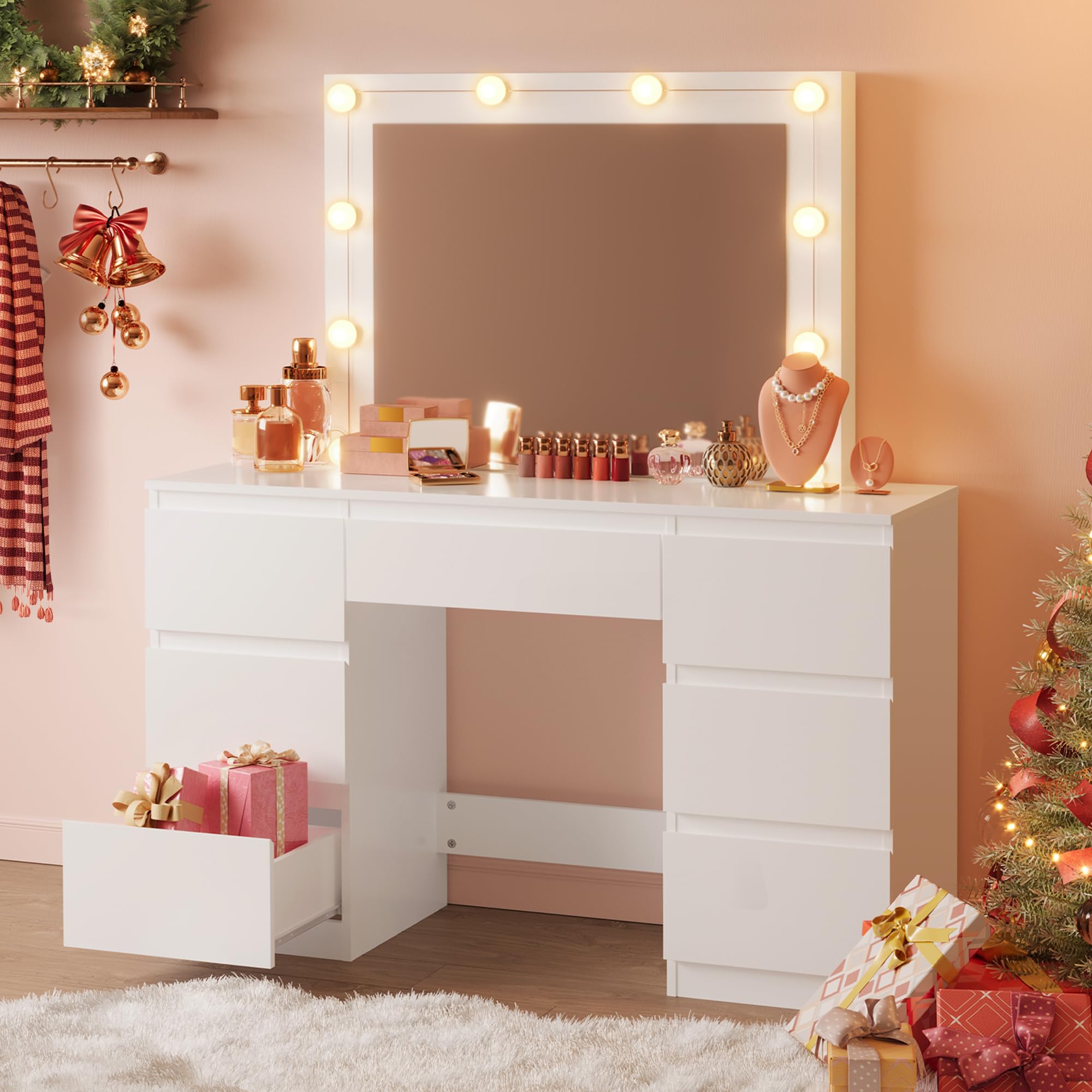 WOLTU Tocador de Maquillaje con Espejo de Luz LED, Iluminación Regulable, Mesa de Tocador con 7 Cajones, Tocador de Dormitorio con Espacio de Almacenamiento, 110x39,5x140,5 cm, Blanco, MB6099ws