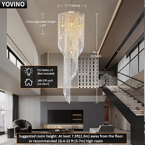 Miniatura 4 de Candelabros de Techo Alto para Entrada Lámpara de Araña de Cristal en Espiral Dorada Lámpara de Araña Grande para Vestíbulo 6 Luces Lámpara de Araña