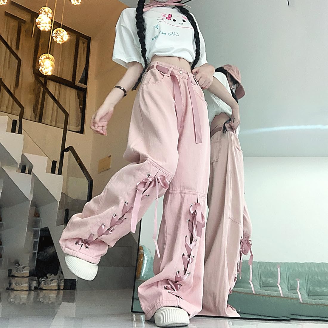 Harajuku Y2K Kawaii Gothic Vintage Casual Style High Waisted Straight Wide Leg Ribbons Trim Pink Denim Pants: Pink Medium