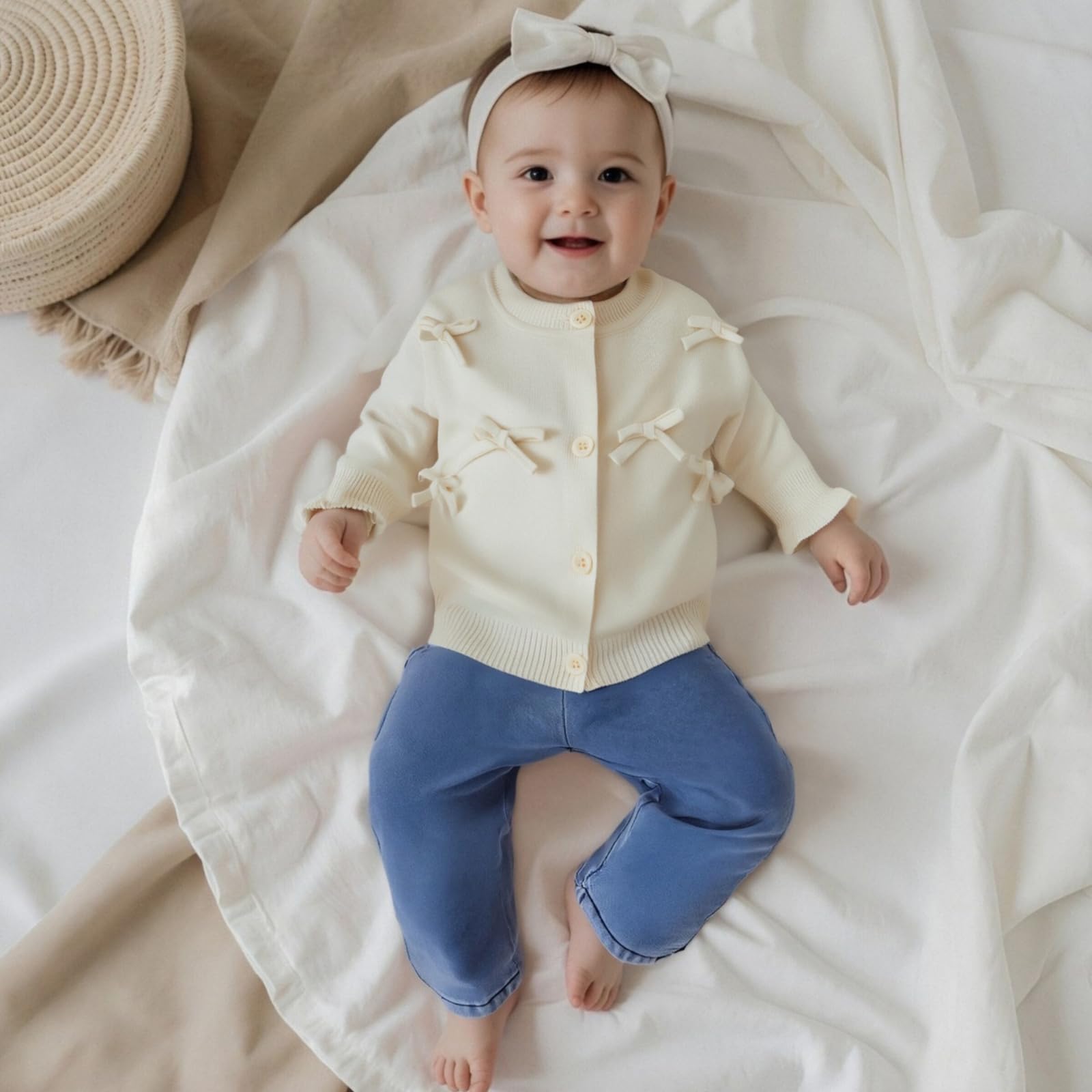 Baby Mädchen Strickjacke mit Knöpfen 3D Schleifen Druck Pullover Rundhalsausschnitt Strickpullover Weiche Winter Babykleidung