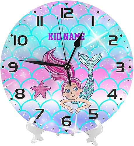 Miniatura 2 de Reloj de pared personalizado con escamas de sirena coloridas y estrellas de mar para habitación de niños, reloj de pared personalizado con nombre de