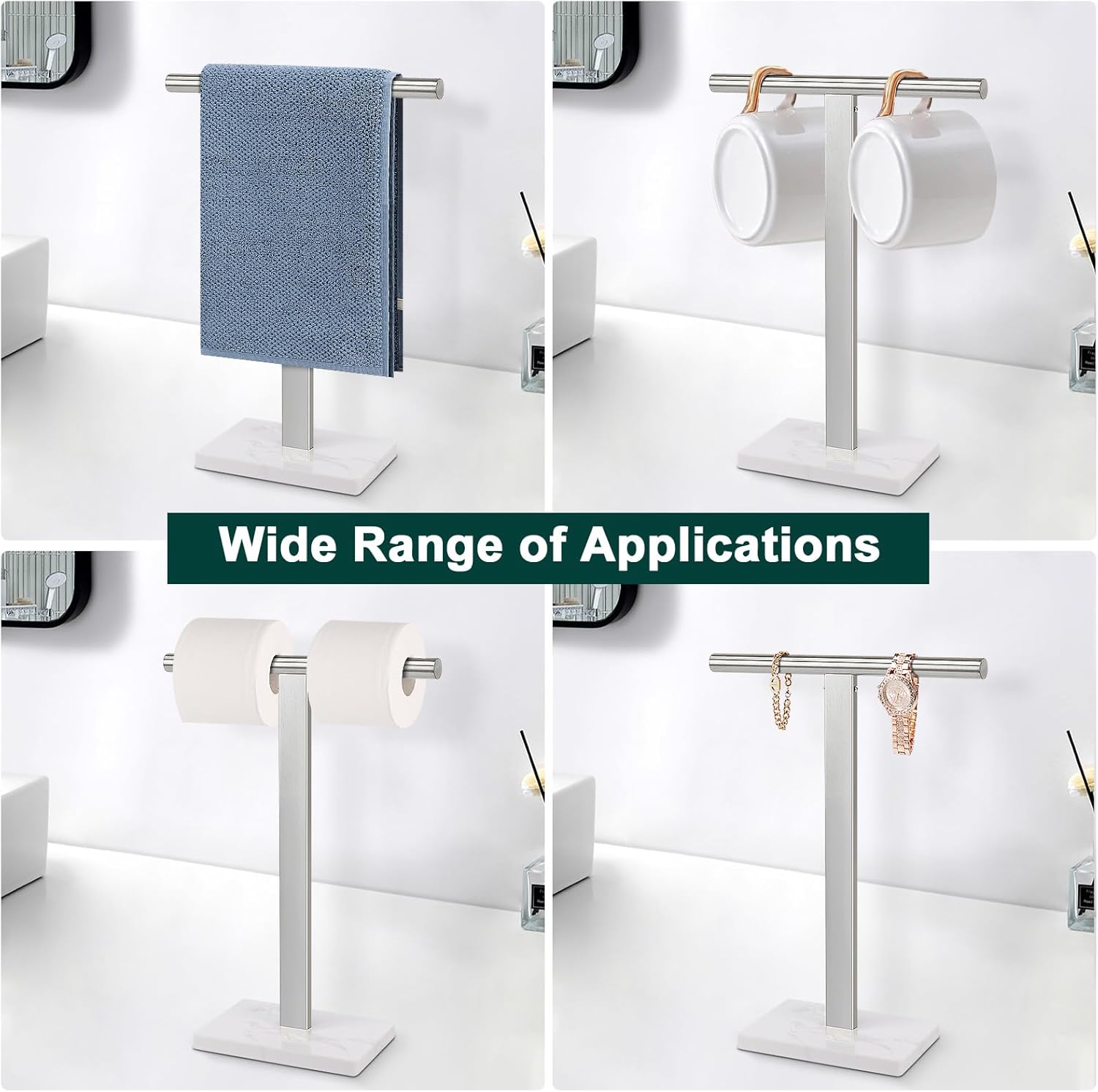 Hand Towel Holder, T-Shape Hand Towel Stand for Bathroom, Hand Towel Rack Bar Standing for Vanity Kitchen Countertop, 304 Stainless Steel (Marble Base, Brushed)
