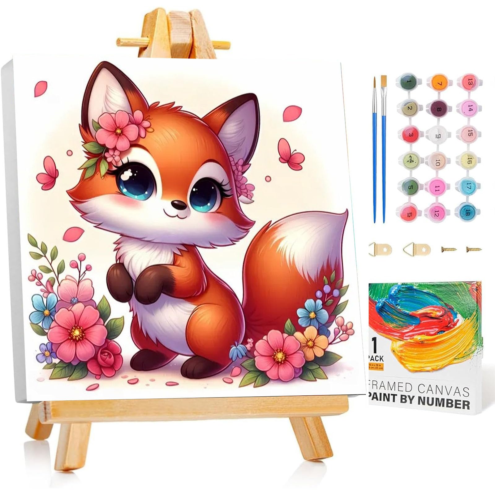 Arttoplus Malen Nach Zahlen Kinder mit Rahmen und Holzstaffelei- Fuchs Malen Nach Zahlen ab 5 6 7 8 9 10 Jahre Mädchen, Diy Acrylfarbe Paint by Numbers Tiere für Anfänger für Home Décor(20x20cm)