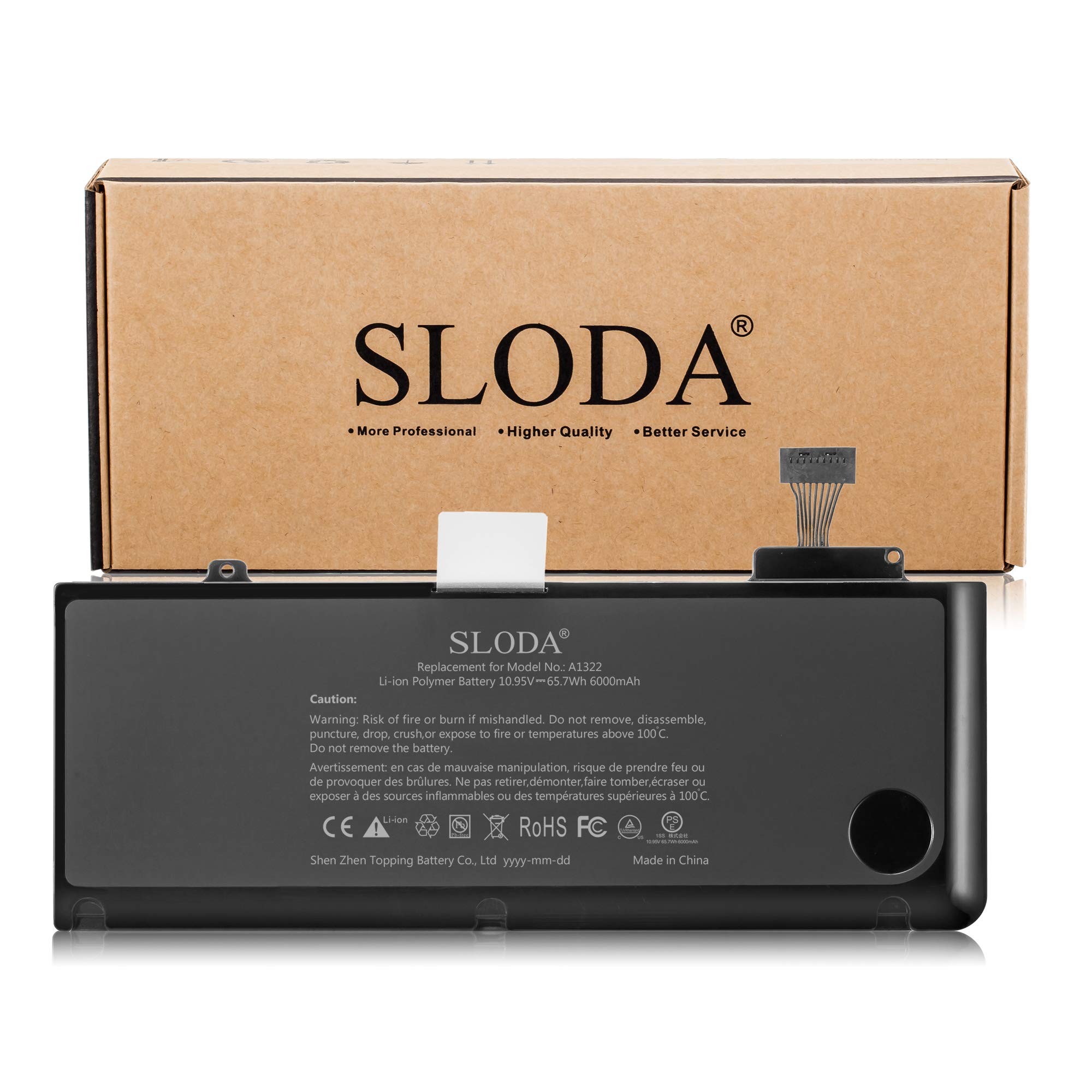 SLODA A1322 Batteria Sostitutiva per MacBook Pro 13" A1278(Metà 2009, Inizio 2010, Inizio 2011, Fine 2011, Metà 2012) [Li-Polymer 10,95V 6000mAh]