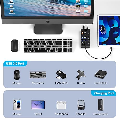 Miniatura 6 de Hub USB alimentado, divisor de concentrador de datos USB de 14 puertos con 6 puertos USB 3.0, 4 puertos de carga, 1 puerto de datos USB-C 3.0, 1