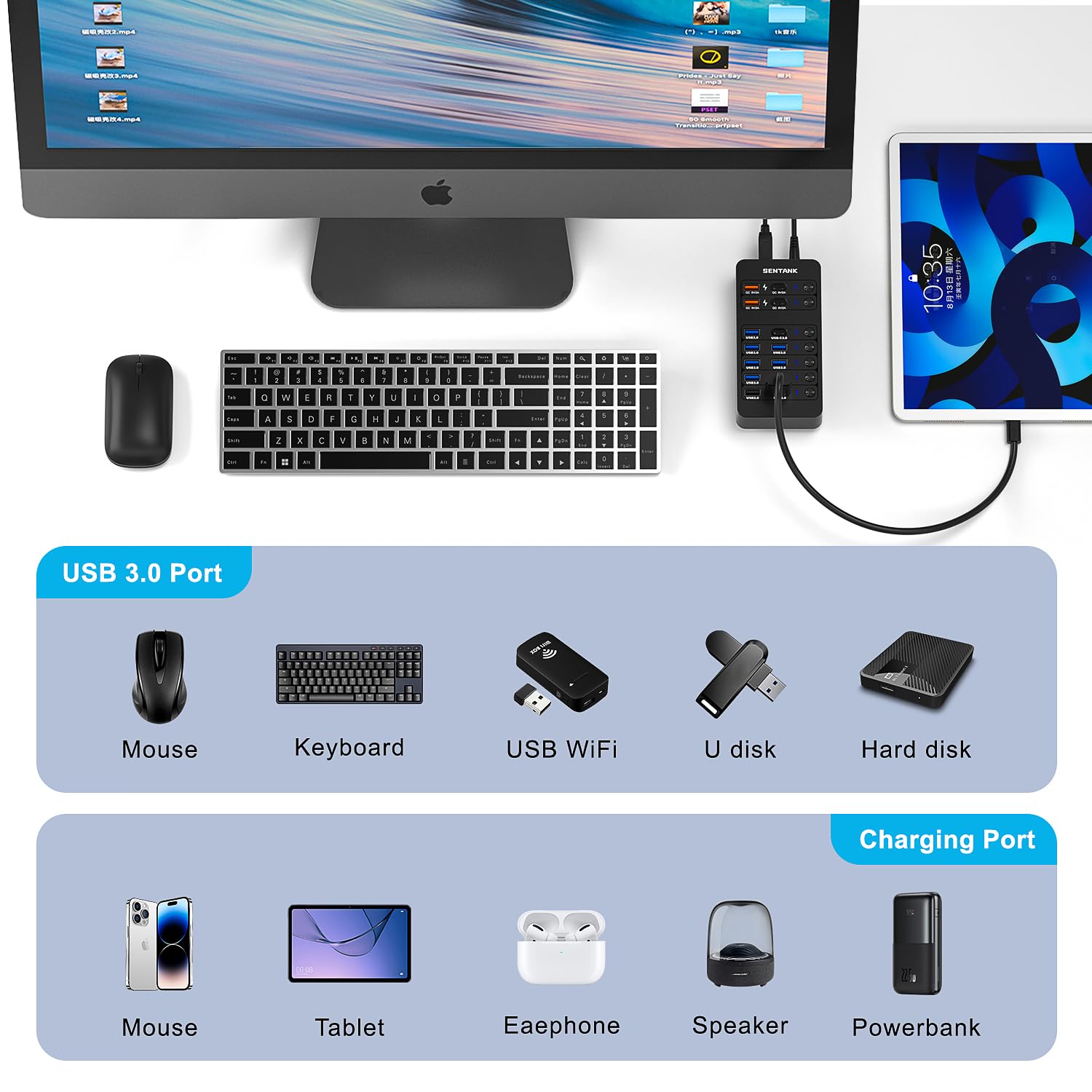 Hub USB alimentado por 14 puertos, divisor de concentrador de datos USB con 6 puertos USB 3.0, 4 puertos de carga, 1 puerto de datos USB-C 3.0, 1 puerto de carga PD de 60 W con interruptores