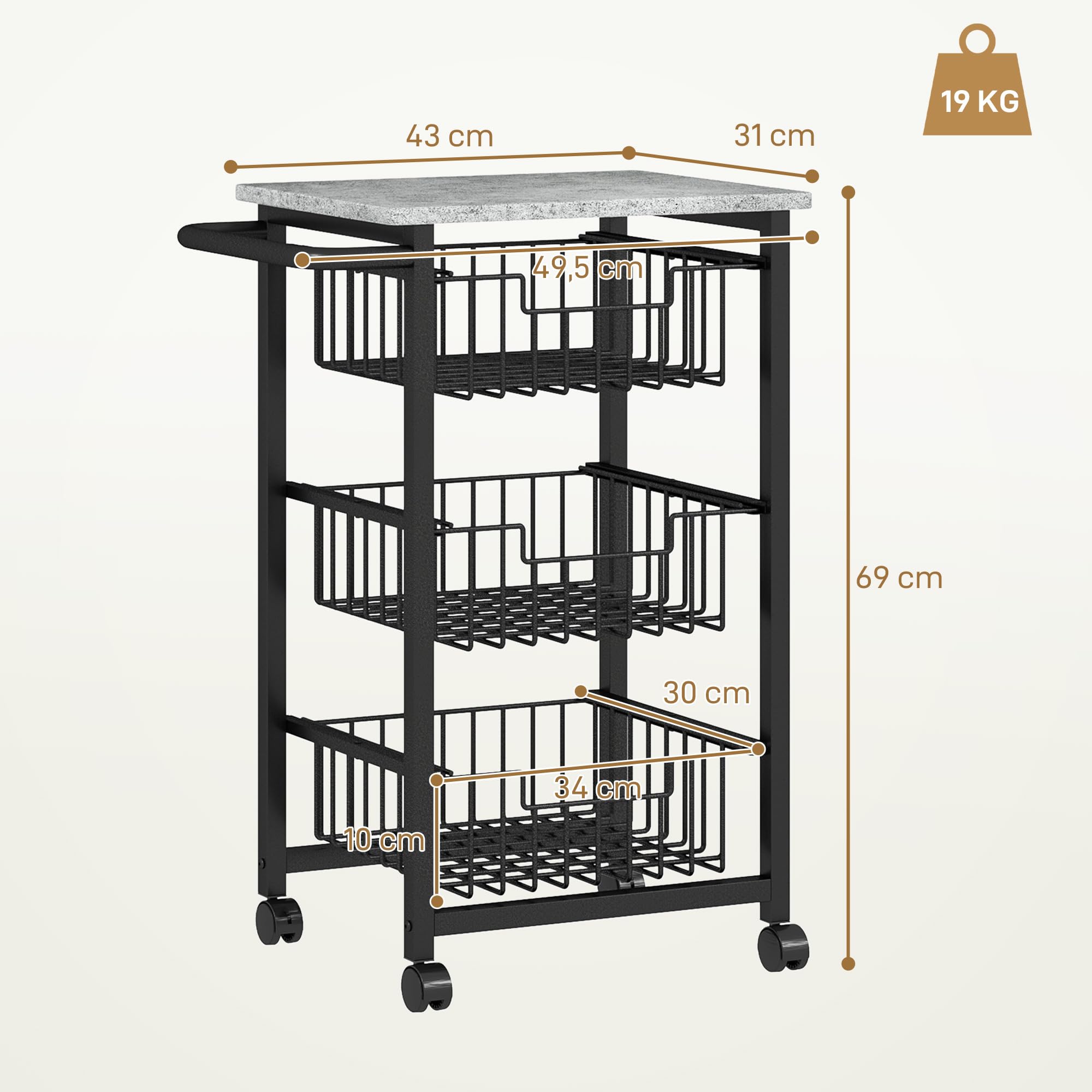 HOMCOM Carrello Cucina a 4 Ripiani, Carrellino Cucina Salvaspazio con Cestini Estraibili, Maniglia in Acciaio e Ruote a Freni, Carrello Portafrutta e Verdure, per Soggiorno Salotto, Grigio