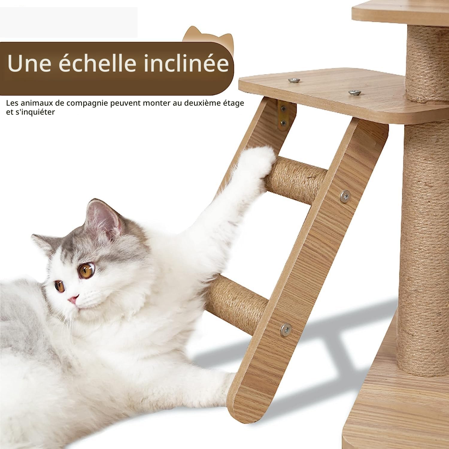 Arbre a chat-165 cm Arbre à Chat XXL,avec Griffoir Chat en Jute,Bol,échelle, Grotte, Balle Suspendue Jouet, Plate,Forme en Peluche,Plate - Forme de Saut en Peluche-Arbre a Chat Haut（Beige）