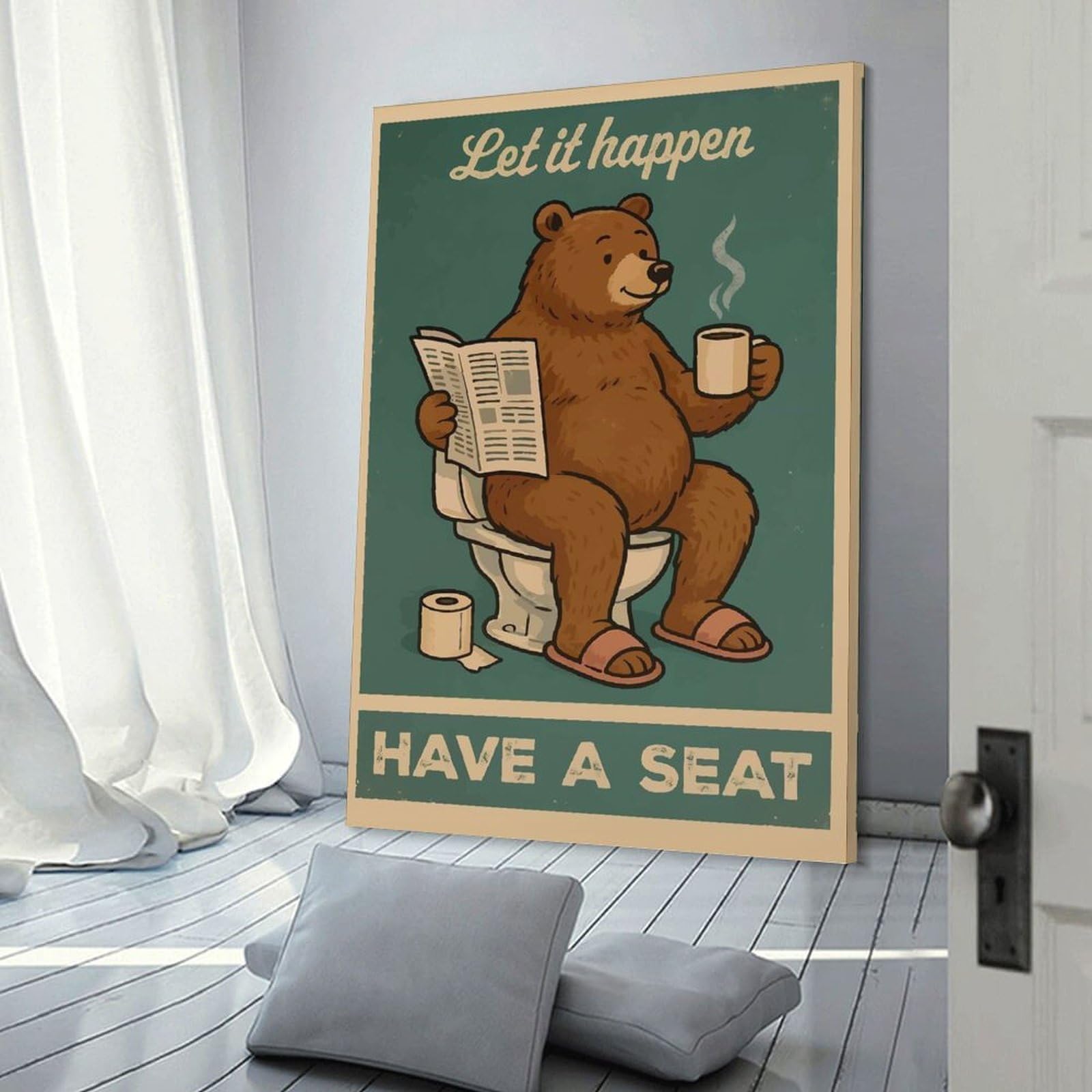 Junmoney Frame-Style-23 Bear On Toilet Reading Newspaper Room Decor Wall Art 16X24inch(40X60cm), For Bedroom, Guest Room Or Reading Nook, An Easy Wall Refresh For Bedrooms