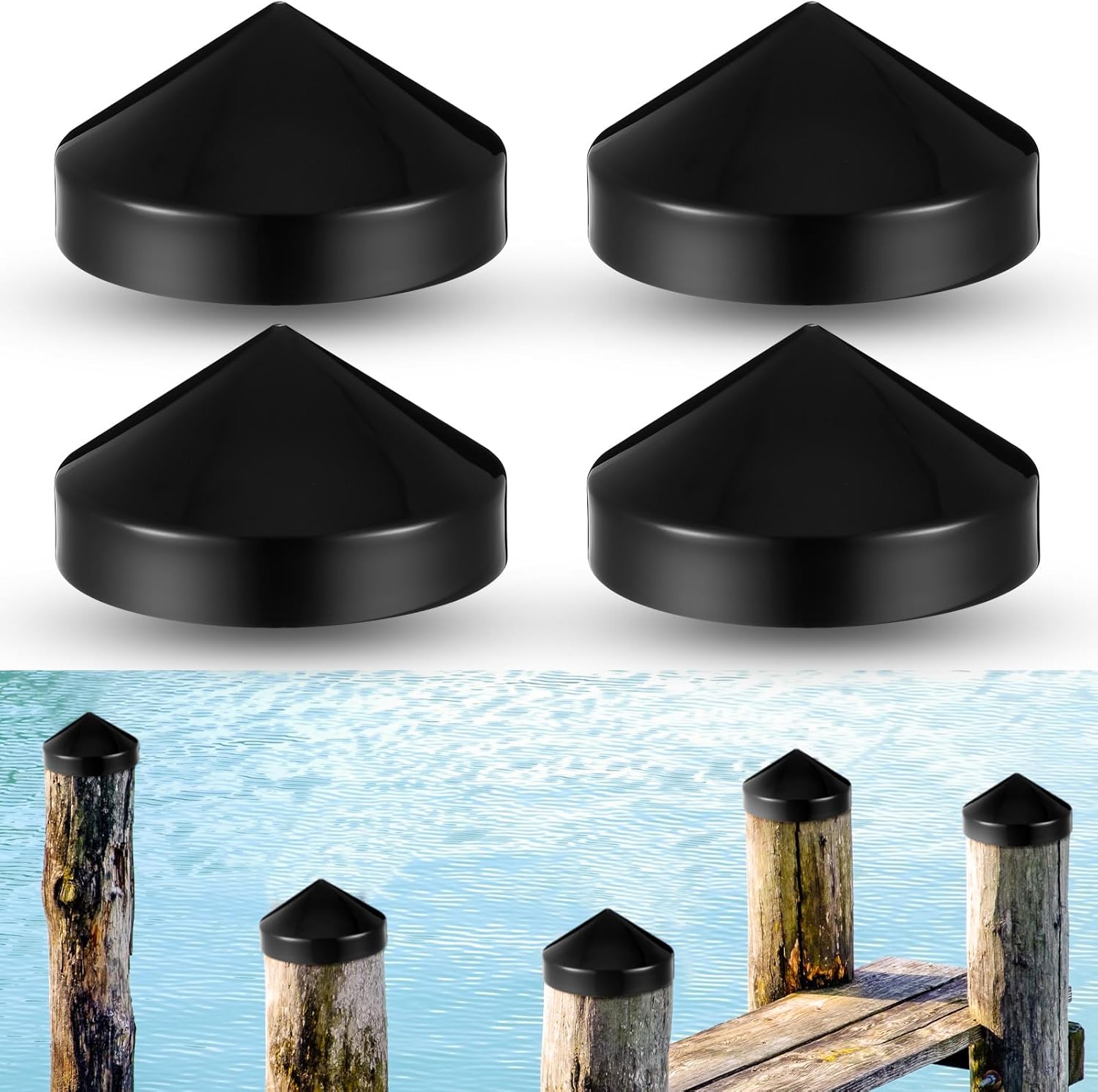 Landical 4 Pcs Marine Dock Piling Cap Piling Cone 9 x 9 x 4.92 Inches Coned Black Protective Dock Post Caps Boat Pylon Cone Edge Pole Caps for Marine Flat Top Design