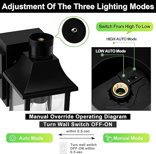 Miniatura 6 de HIHUOS Luces de porche con salida GFCI, sensor de movimiento del atardecer al amanecer, luz al aire libre, 3 modos de iluminación, luces de puerta