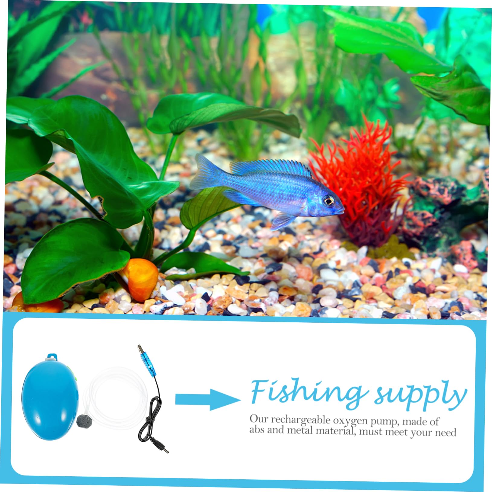 POPETPOP Bomba de oxigeno para pecera Agua Limpiador revestimientos Piscina Recargable Accesorios pecera Suministro Bomba de oxigeno Pesca Suministro de Pesca Metal Blue