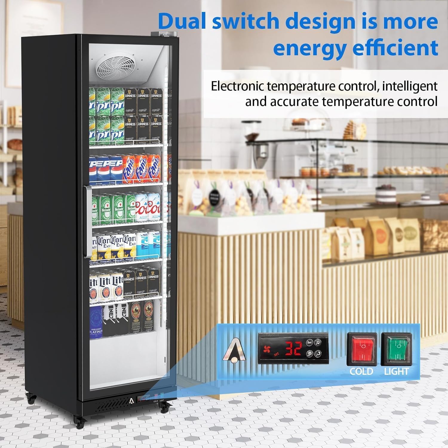 IDEALHOUSE Commercial Refrigerators, 12.4 Cu.Ft Beverage Cooler, Commercial Fridge with Glass Door Display, LED Light Adjustable Shelves Drink Cooler for Restaurant Grocery Store Home, Black