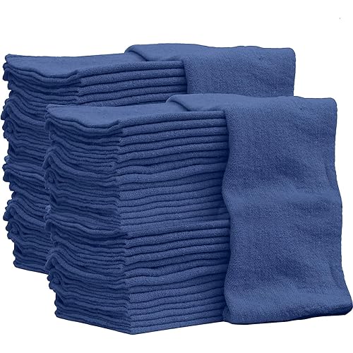 Auto Mechanic Shop Towels - Pack of 100 - Blue Color - Size 12x14 Inches - 100% Cotton Shop Rags, Highly Absorbent, Commercial Grade Towels for Workshop, Garage, and Household Cleaning