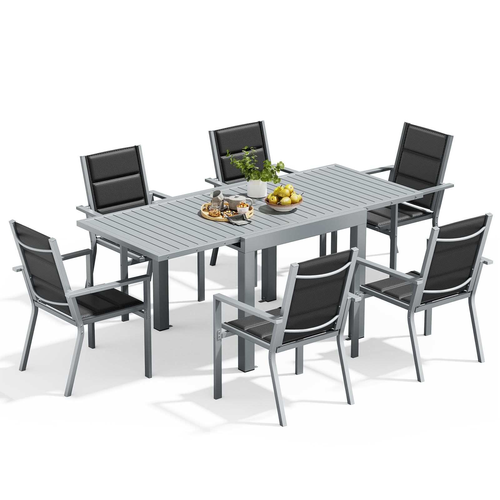 Devoko Conjunto Jardin Exterior 6 Personas, Mesa y Sillas De Comedor De Aluminio 6+1, 6 Sillas Apilables de Aluminio y 1 80-160CM Mesa Jardin Extensible de Aluminio, Muebles Jardinr, Gris Claro