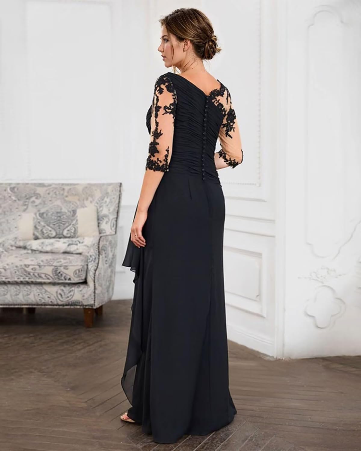Mother of The Bride Dresses Lace Appliques Wedding Guest Dresses Chiffon Ruched Formal Dress 3/4 Sleeves