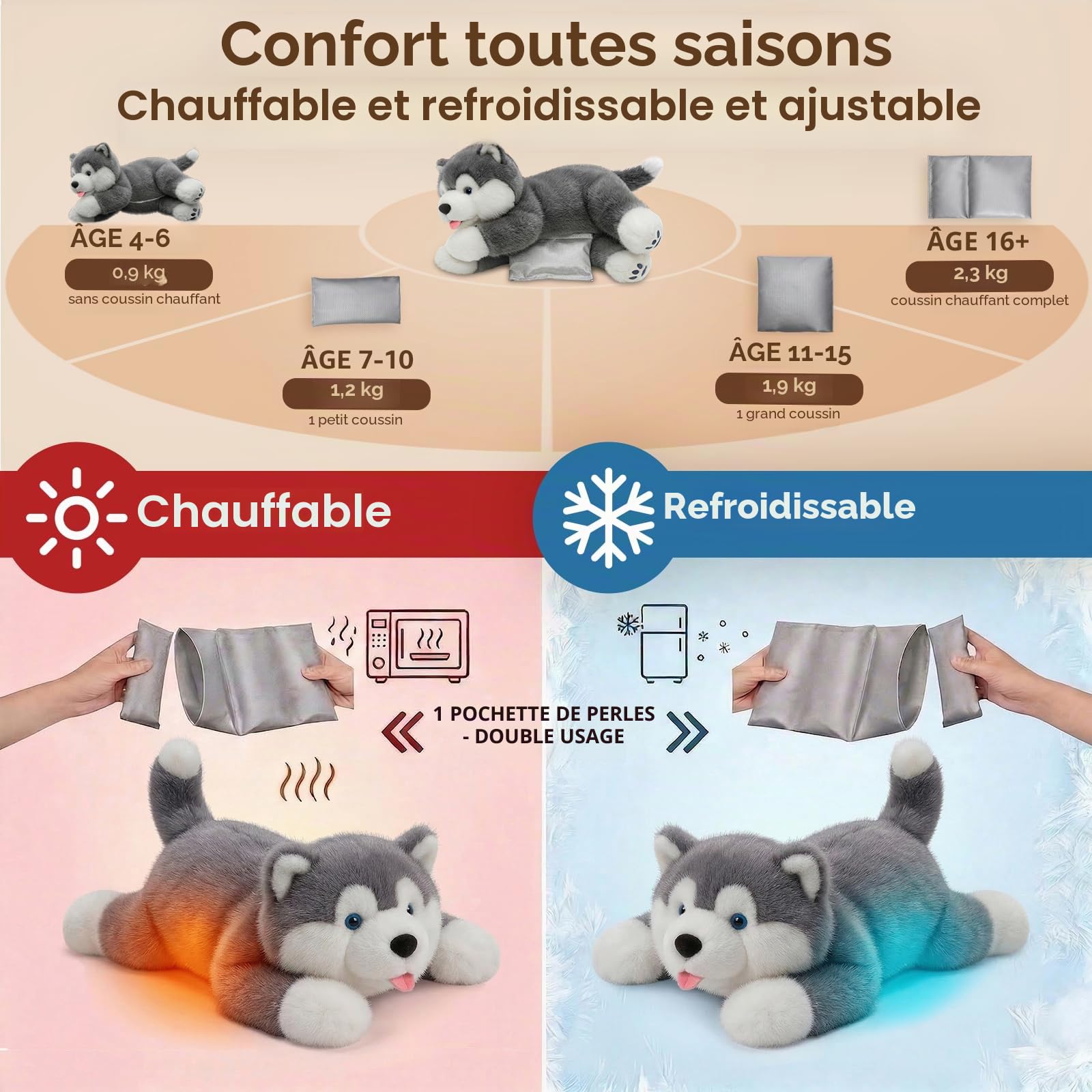 Mewaii Peluche Lestée Chien, Lavable, Poids Réglable, 2,3kg | Réfrigérable et Micro-ondable, Déco Mignonne Chambre/Bureau, Cadeau pour Enfants et Adolescents