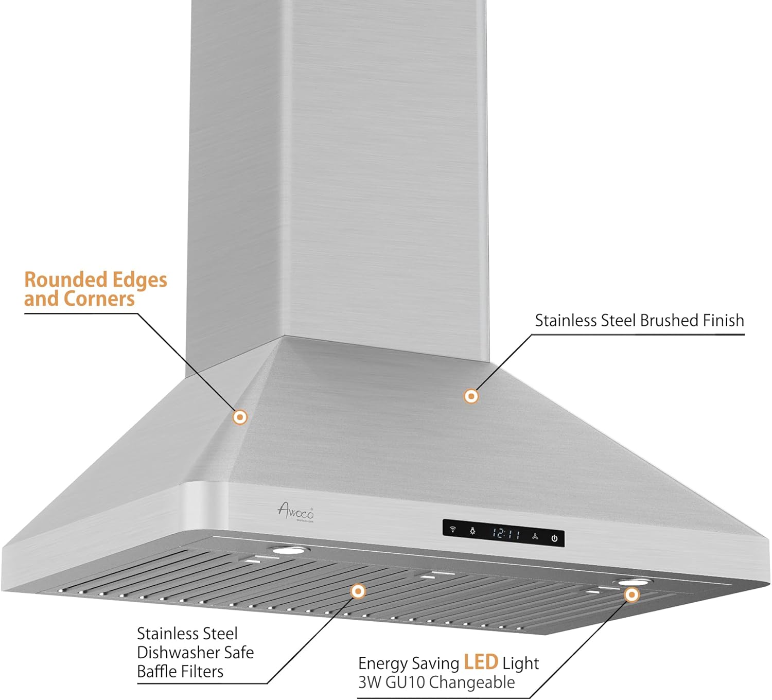 Awoco 30'' Stainless Steel Wall Mount Range Hood with LED Lights
