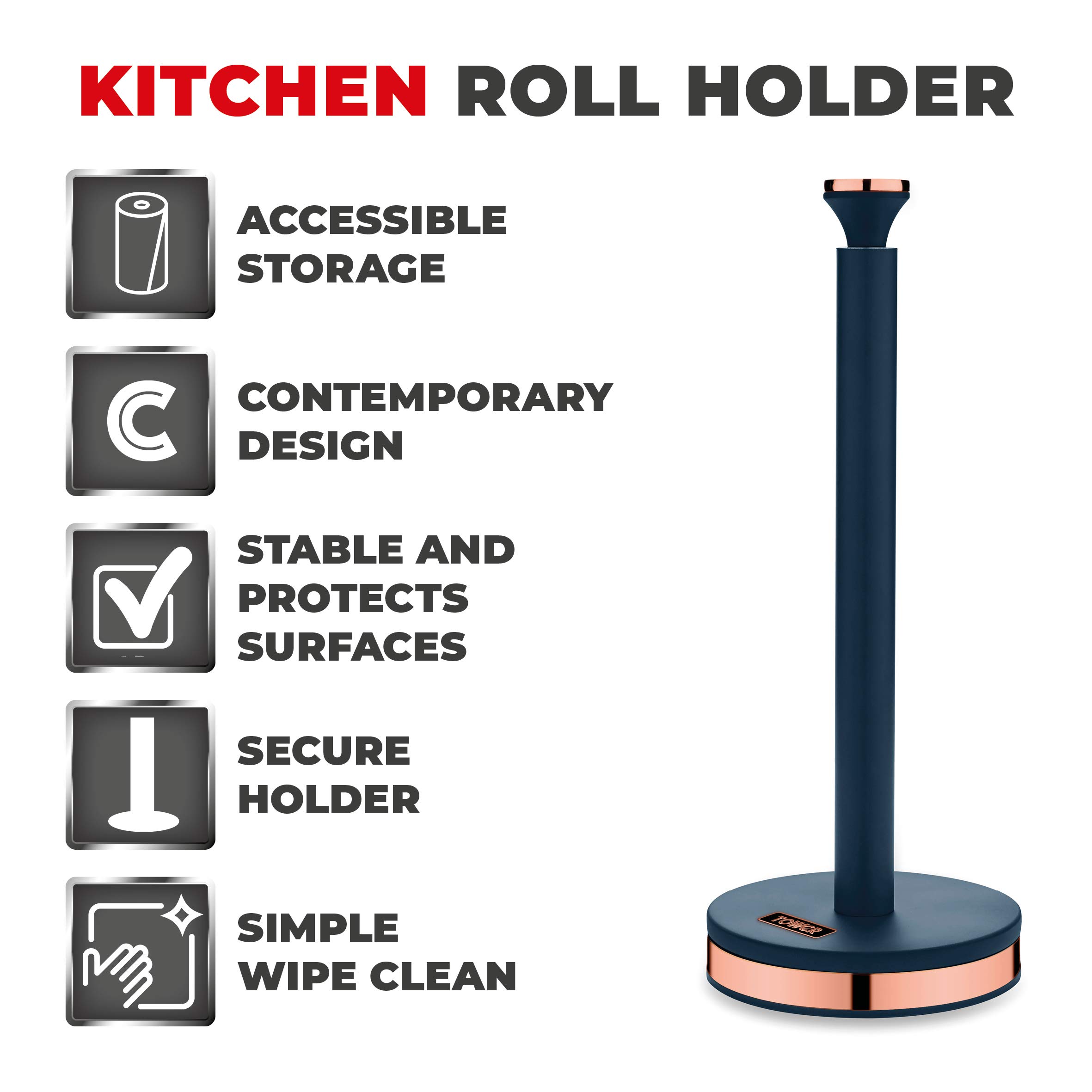 Tower T826133MNB Cavaletto Towel Pole Kitchen Roll Holder with Soft