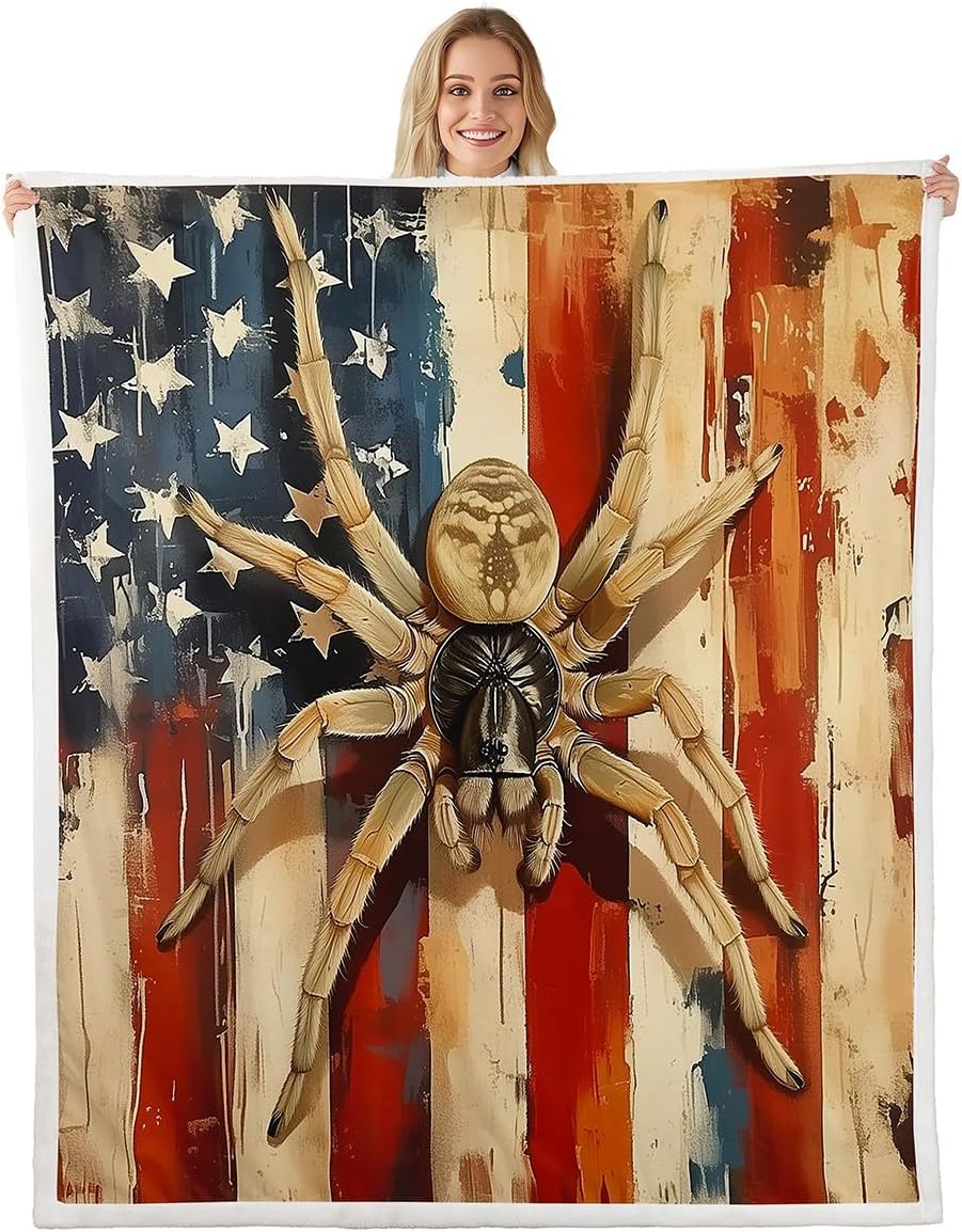 Erosebridal Spider Throw Blanket Yellow Spider Animal Fleece Blankets Happy Halloween Sherpa Blanket American Flag Wooden Plank Fuzzy Blankets Twin 60"X80" for Kids Boys Girls Bed