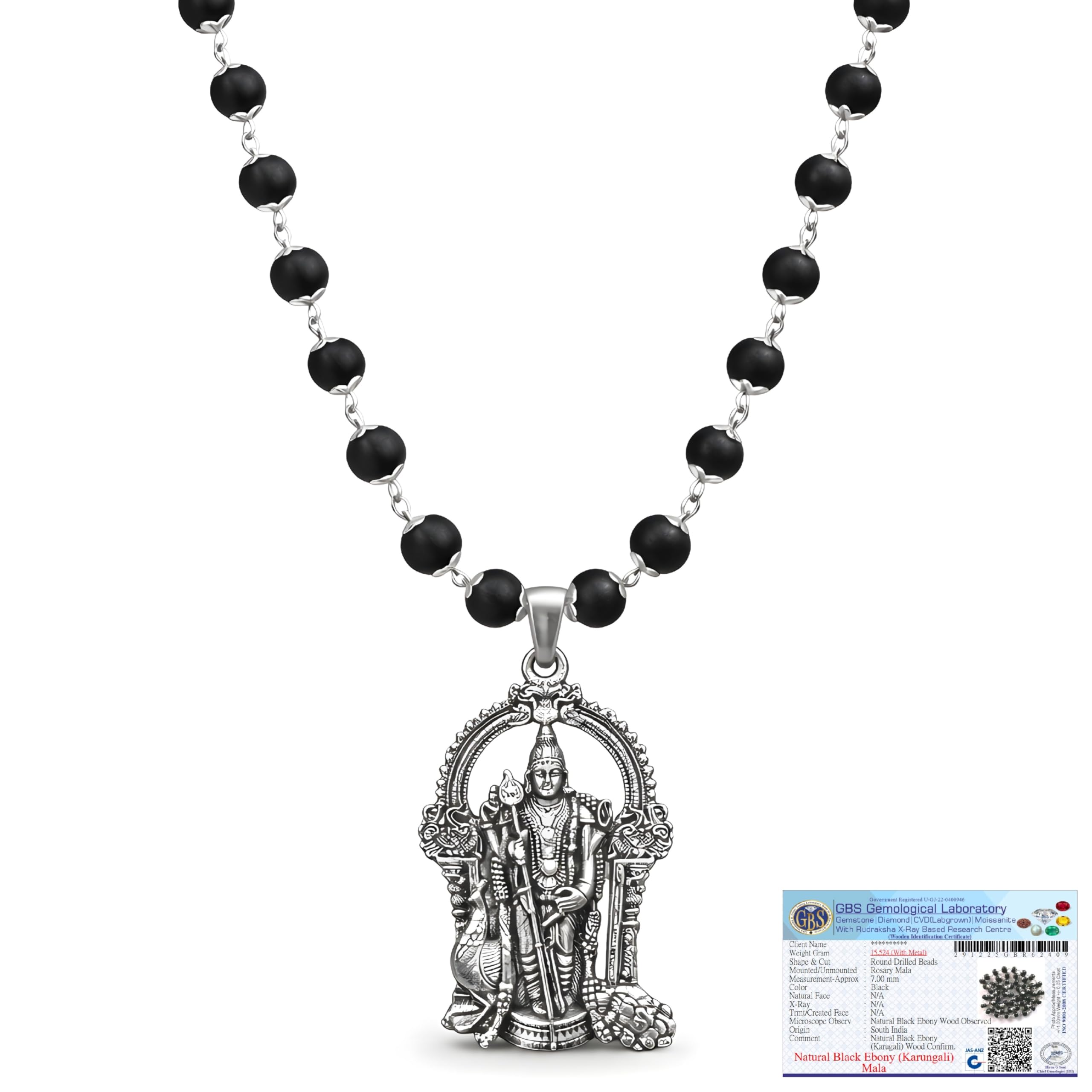 Gratify Sacred Karungali Mala with Lord Murugan Pendant | Original Ebony Wood 54 Bead Necklace (7mm) | Silver Finish Chain | Powerful Spiritual Mala for Meditation, Positivity & Protection