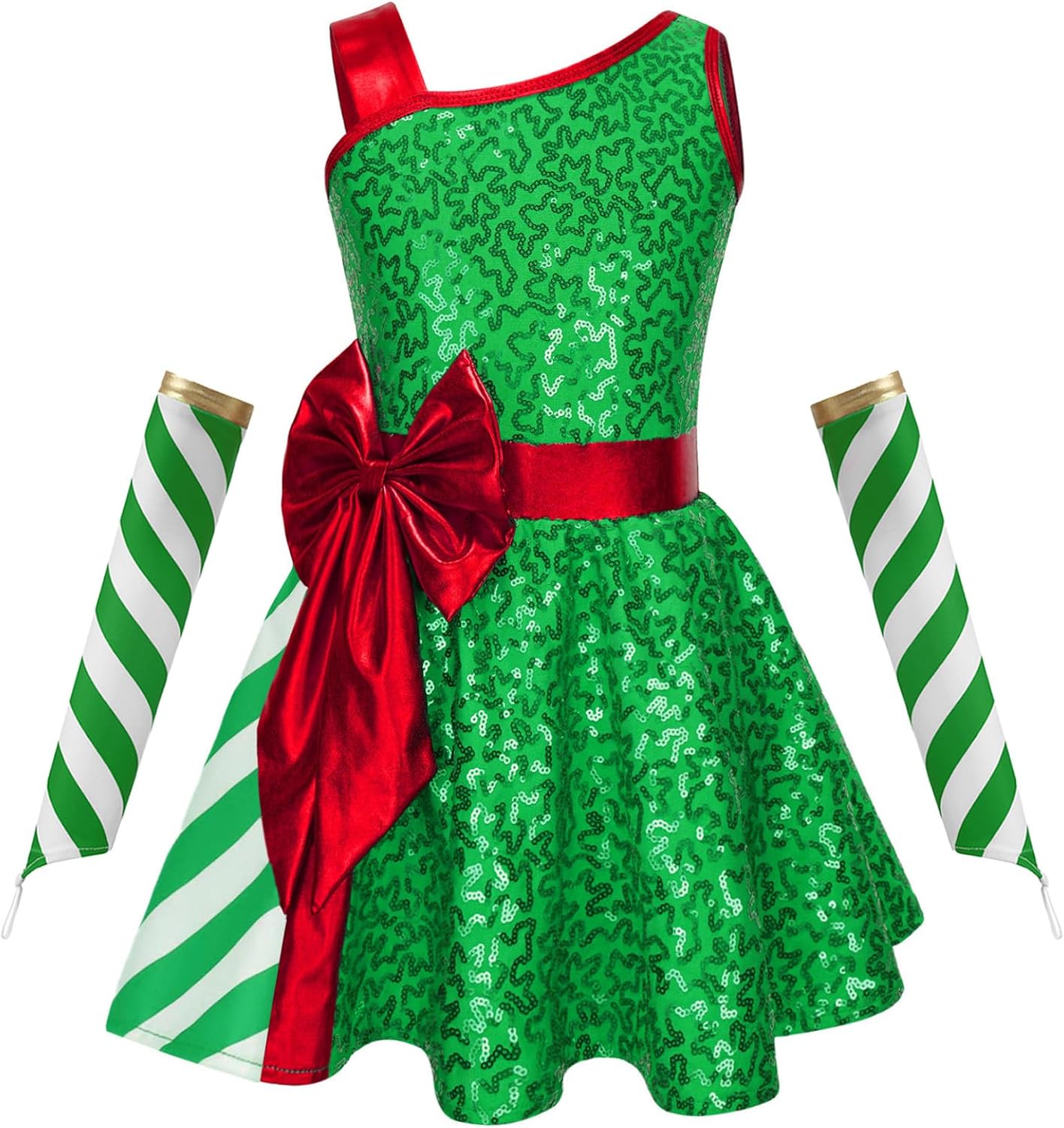 Kids Girls Christmas Outfits Sequins Ballet Dance Tulle Dress Figure Skating Dress with Stripes Oversleeves