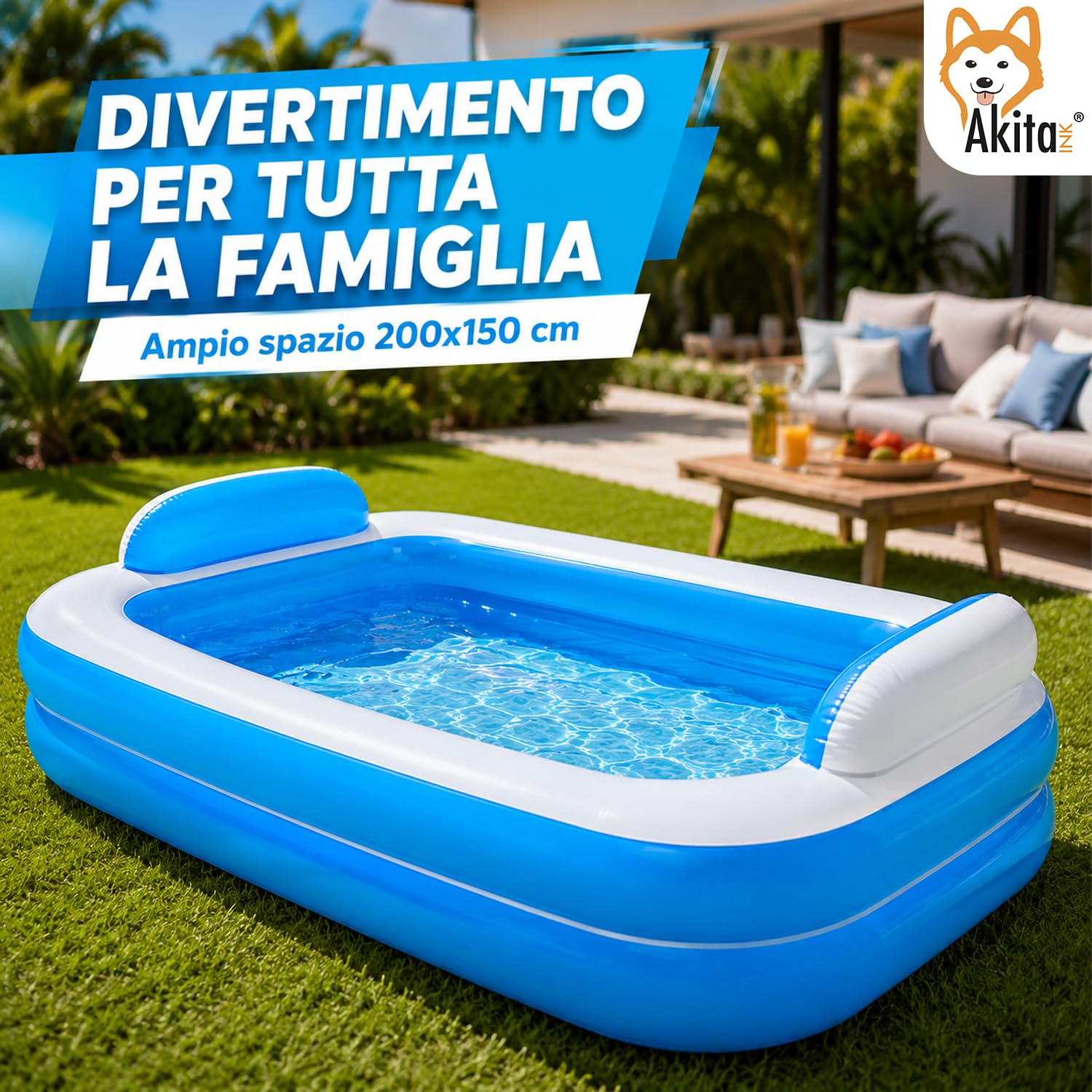 Akitaink Piscina Gonfiabile Rettangolare 200x150x50 cm con Cuscini Integrati, in Vinile Resistente PVC, Azzurro e Bianco, per Bambini dai 3 Anni, da Giardino