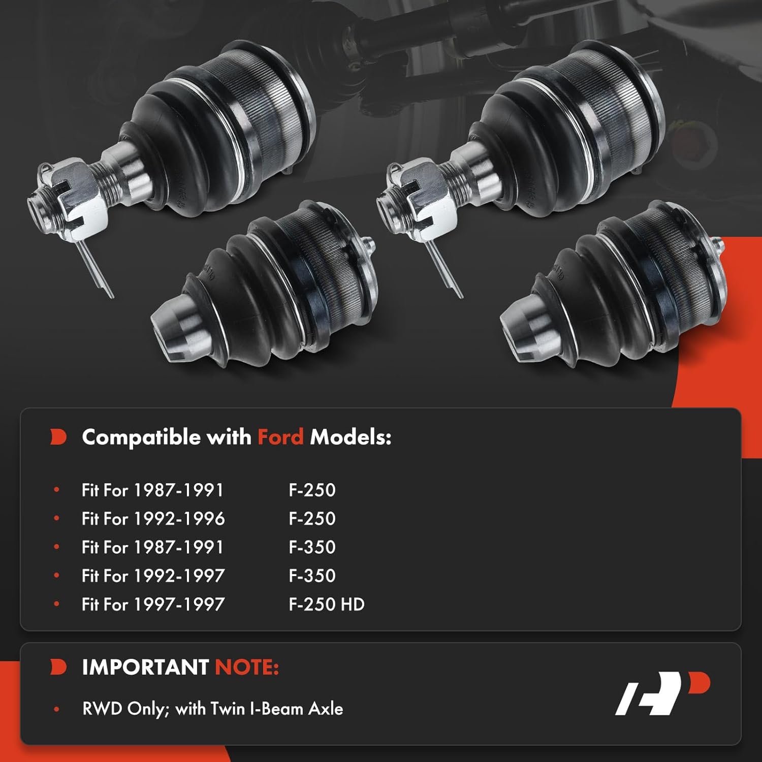 A-Premium Set of 4, Front Upper & Lower Ball Joints Kit, Compatible with Ford F-250 1987-1996, F-350 1987-1997, F-250 HD 1997, RWD Only