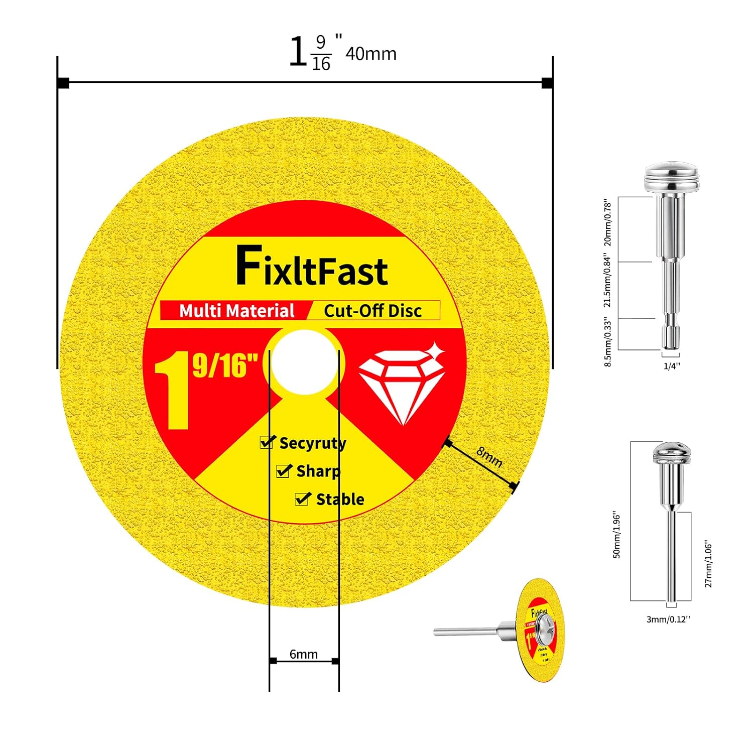 FIXLTFAST 1 9/16 Inch Indestructible Multi-Material Cut Off Disc, 40mm Diamond Cutting Wheels for Rotary Tool, Tile/Metal/Marble/Quartz/Stone/Plastic/Glass with 1/4"&1/8" Round Mandrels - 3 Pack
