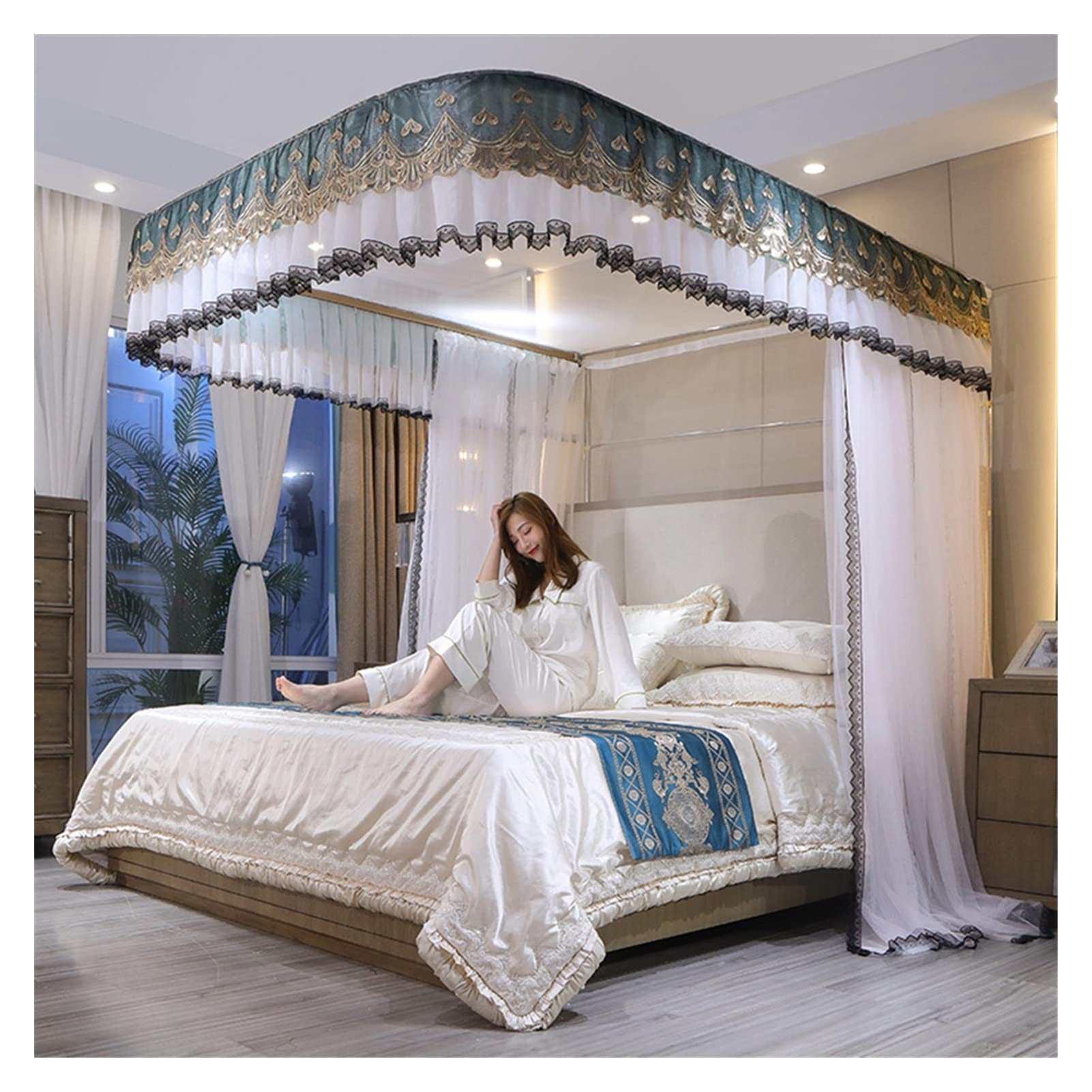 GJMSSMY Bed Canopy Mosquito Net Princess Elegant Canopy Encrypted and Thick U-Shaped Rail Mosquito Net Lovely Bedroom Decoration (Color : White, Size : 150 * 200cm)