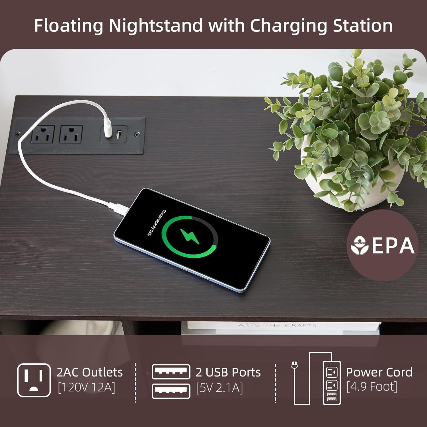 Modern Espresso Fluted Floating Nightstand with Charging Station, NightStand with Drawers, Bedside with USB Ports and Outlets, Bedroom Furniture (Left)