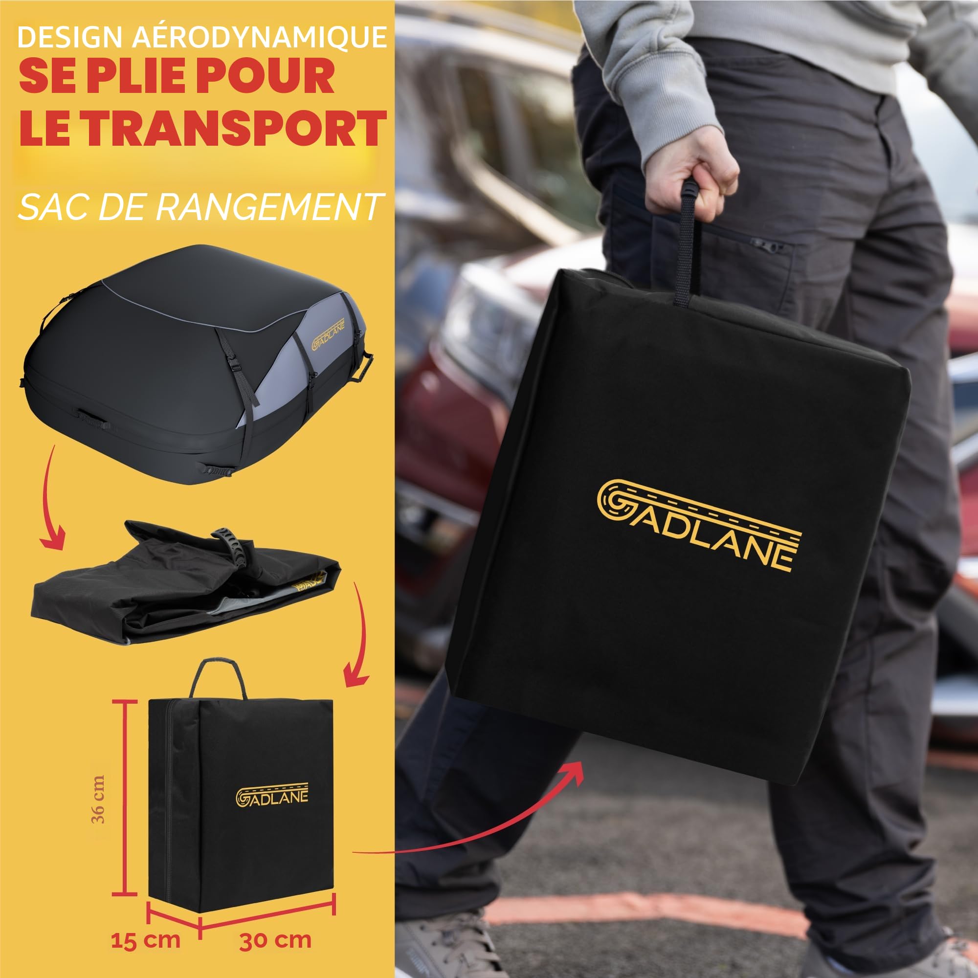GADLANE Sac de Toit de Voiture 550L - Coffre de Toit étanche pour Voitures avec/sans Porte-Bagages de Toit avec 6 Sangles Robustes, Tapis antidérapant et Sac de Rangement (Gris/Noir)