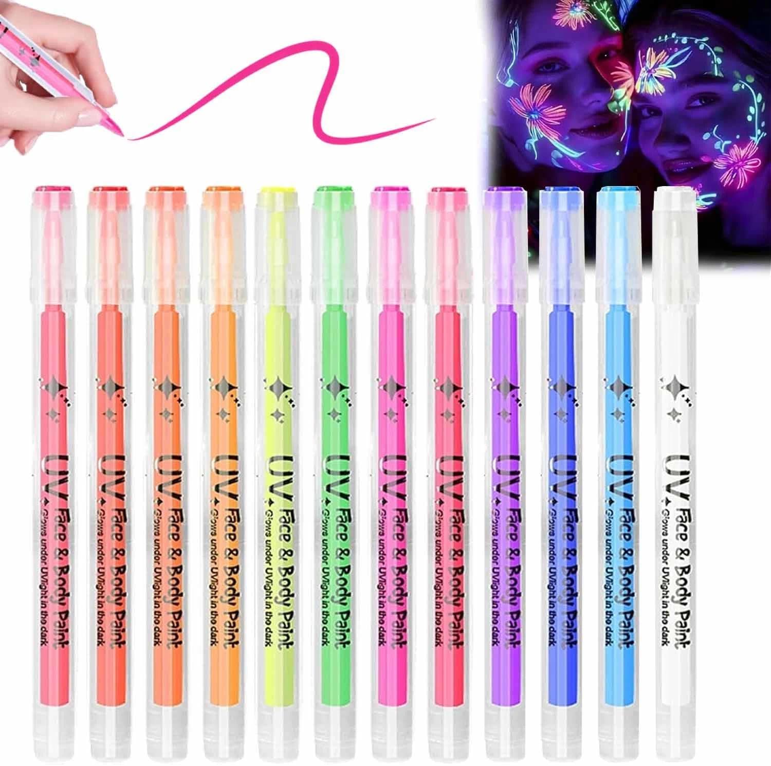 Glow in The Dark Face Paint Markers,UV Neon Face Paint Pens 12 Colours Glow Body Marker,Washable Blacklight Tattoo Markers,Festival Temporary Tattoo Set,for Music Festivals Parties