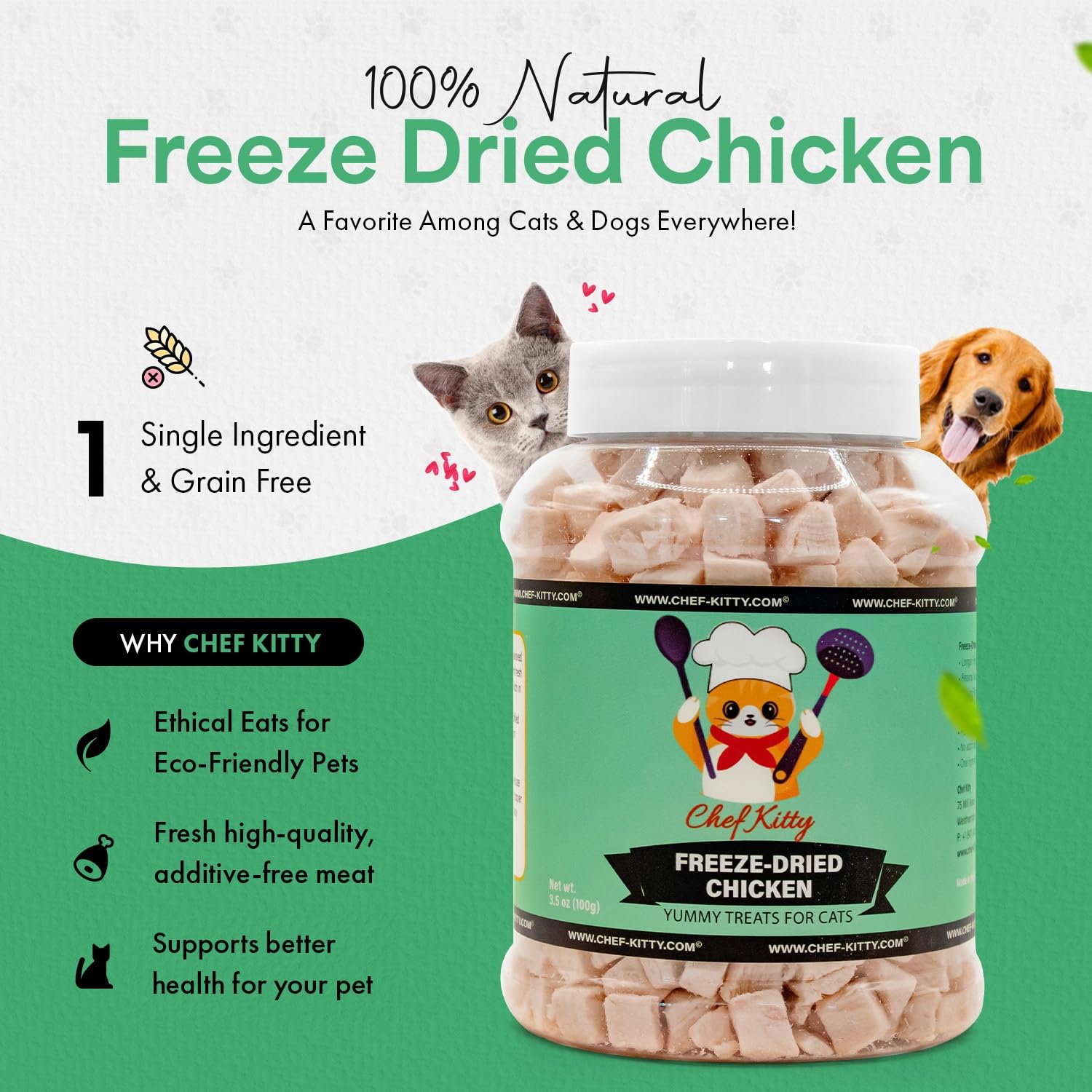Chef Kitty Freeze-Dried Chicken Treats for Cats & Dogs – 100% Human Grade, Single Ingredient, High-Protein, Healthy Snack – No Additives or Preservatives – 7.7oz - Inspected & Tested in USA