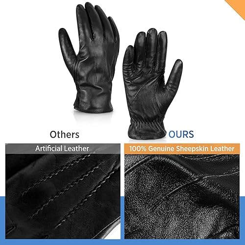 Miniatura 3 de Alepo Genuine Sheepskin Leather Gloves for Men, Winter Warm Touchscreen Texting Cashmere Lined Driving Motorcycle Gloves